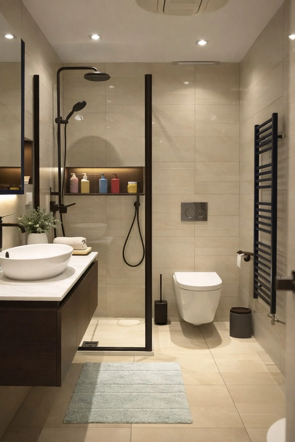a small bathroom with large format floor tile