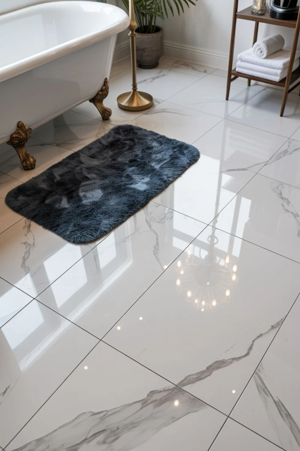 a small bathroom with light color floor tile