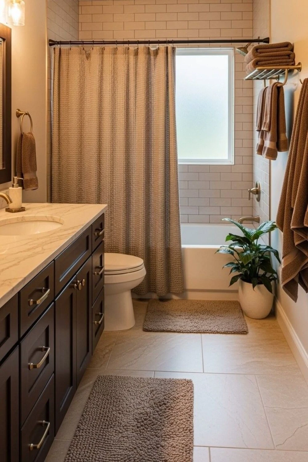 a small bathroom with subtle floor tile