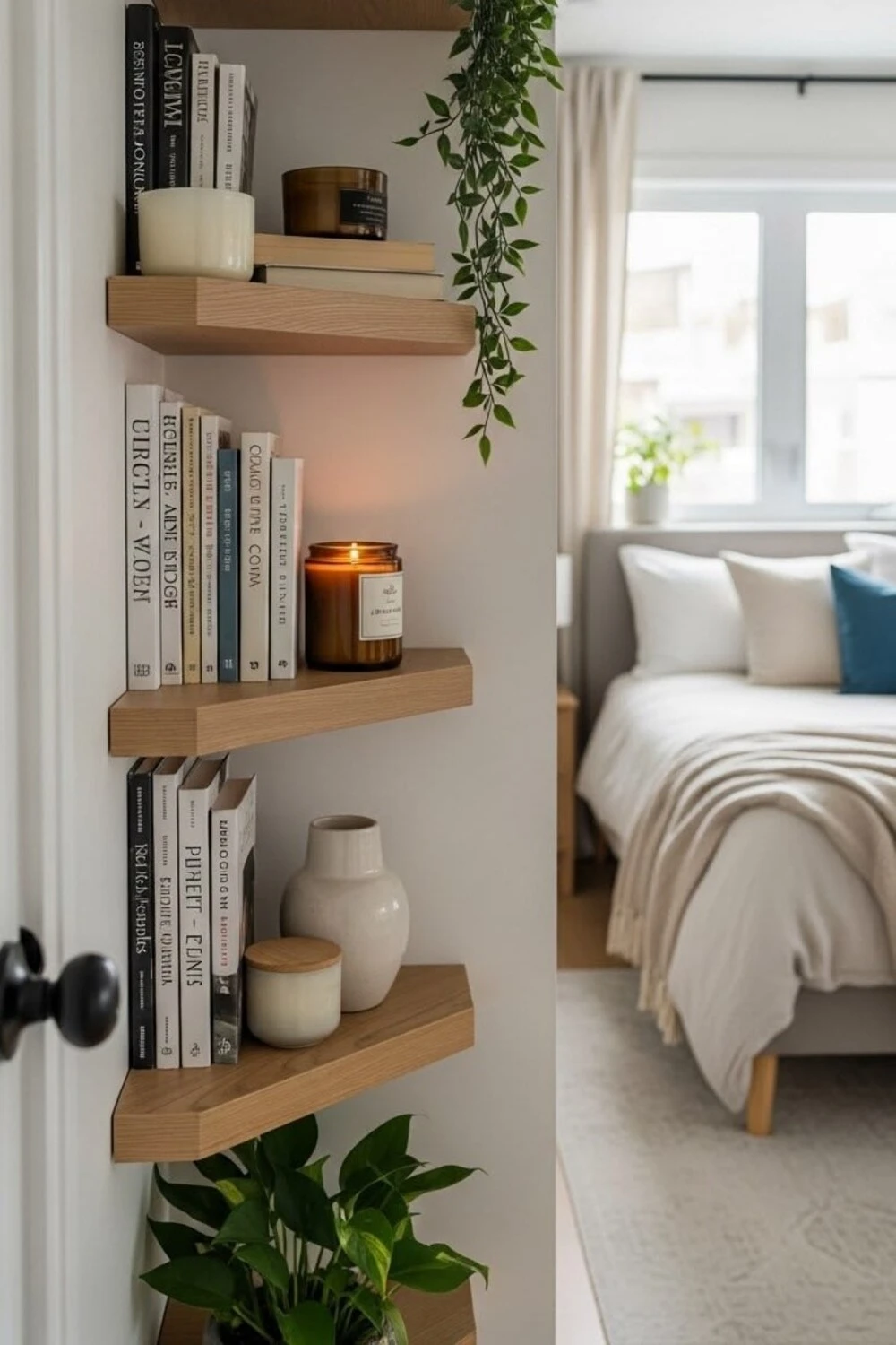 floating corner shelves with candle and plant