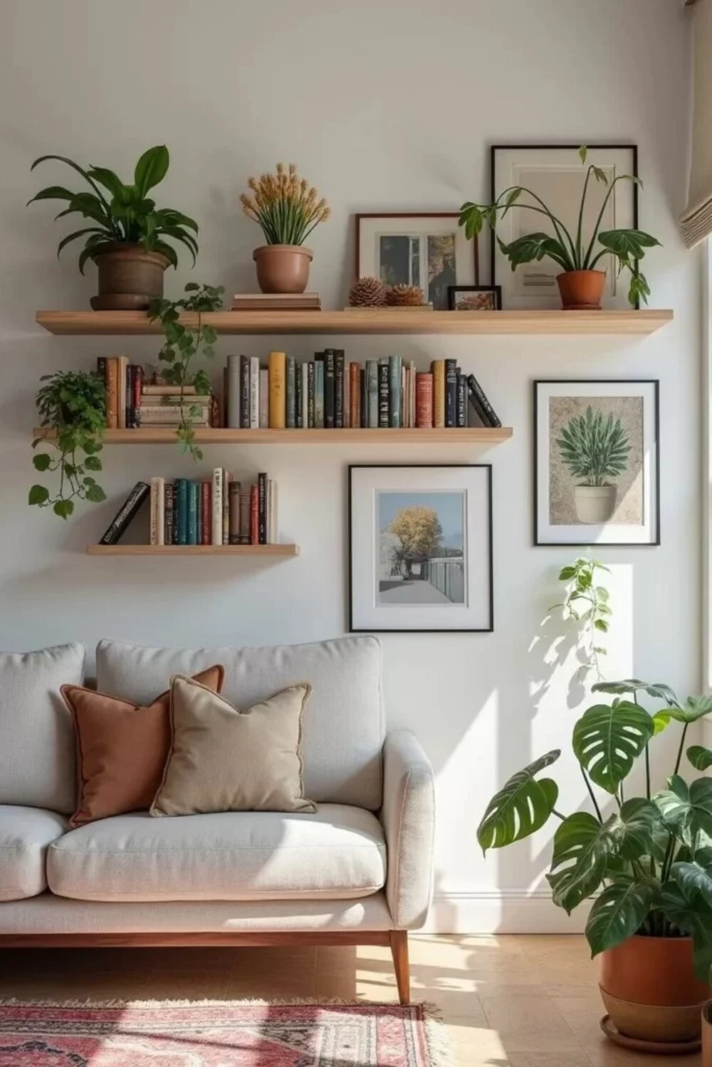 floating shelves with books
