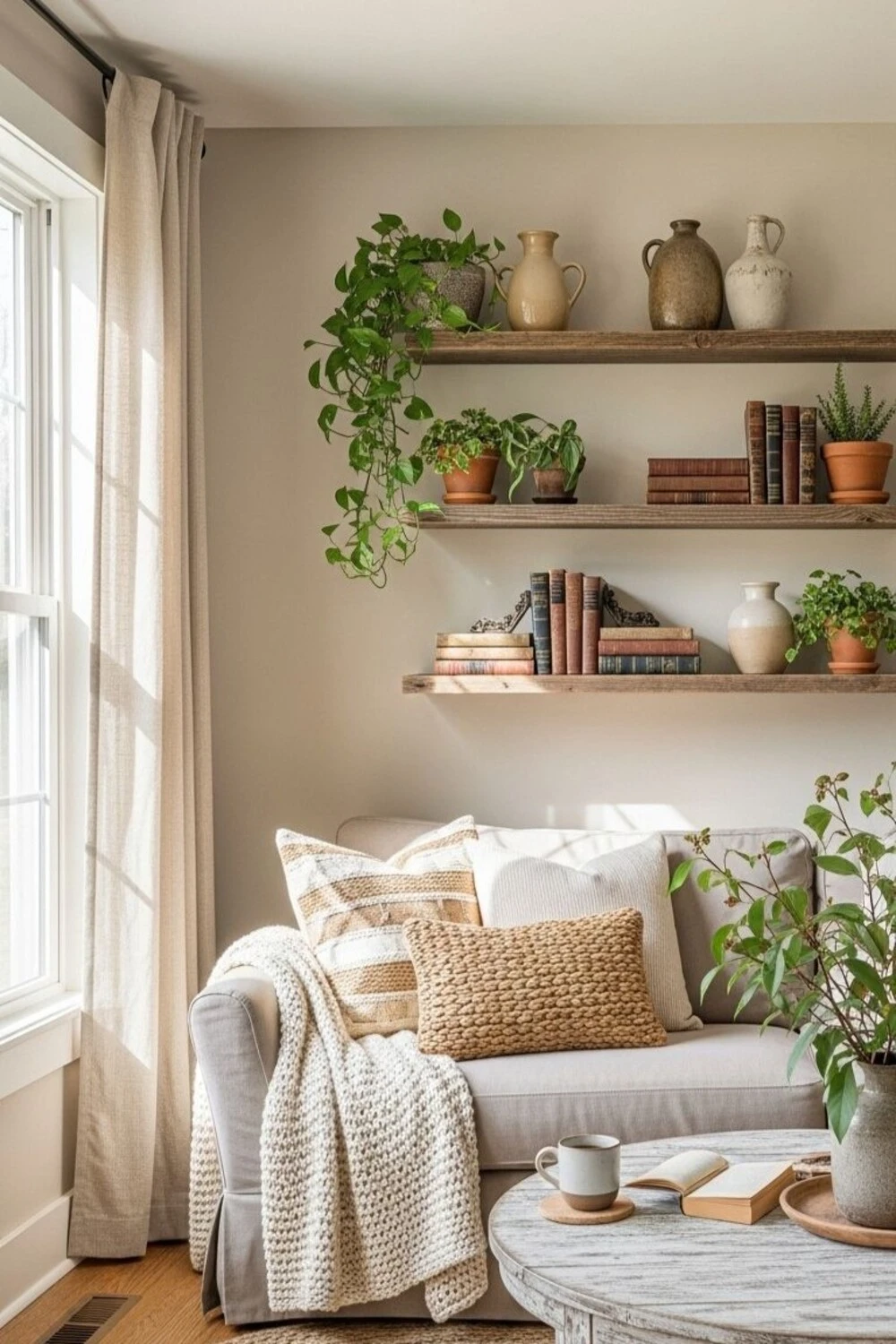 floating shelves with different texture decor