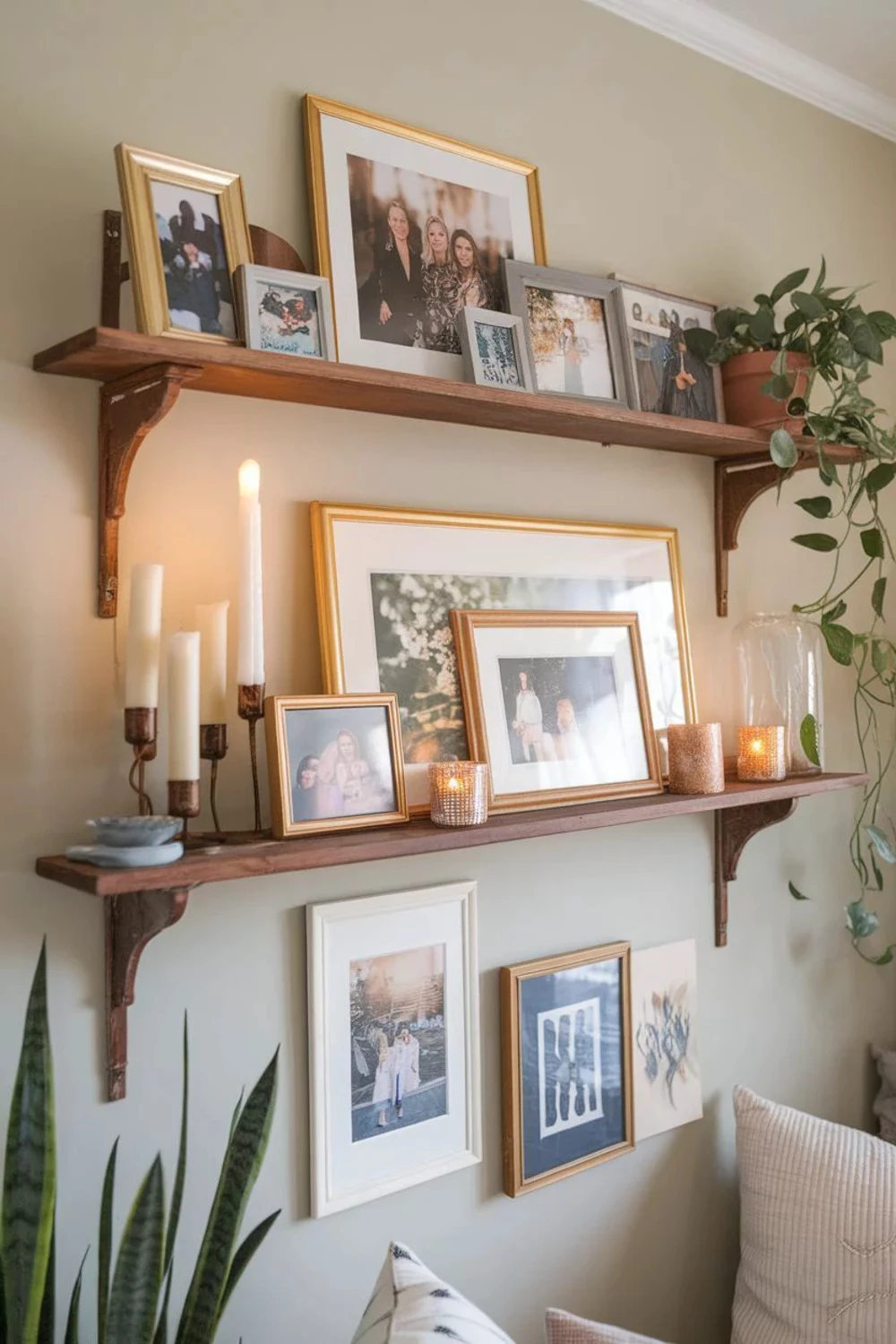 floating shelves with family photos
