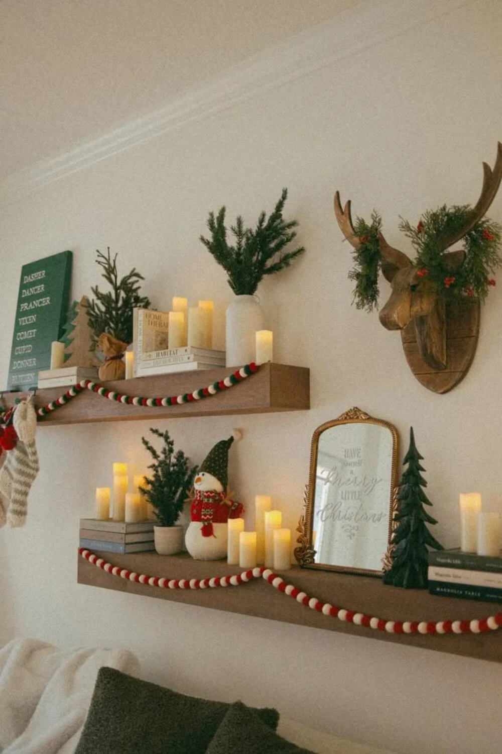 floating shelves with christmas decor