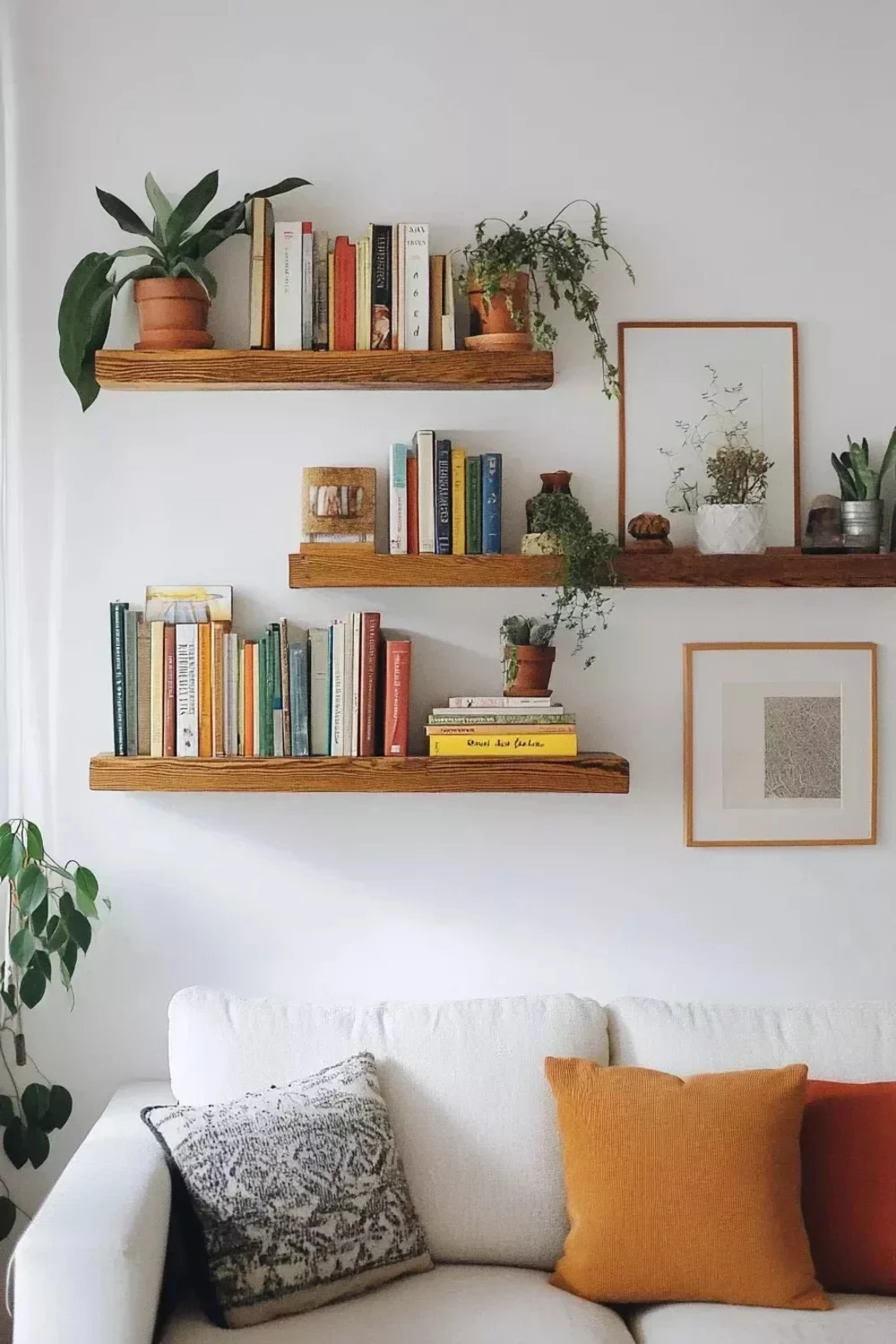 warm wood floating shelves