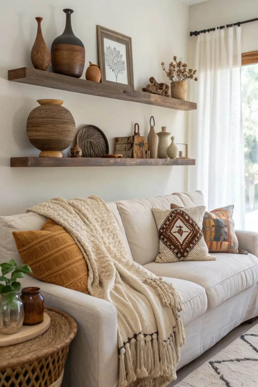 floating shelves with wooden vases