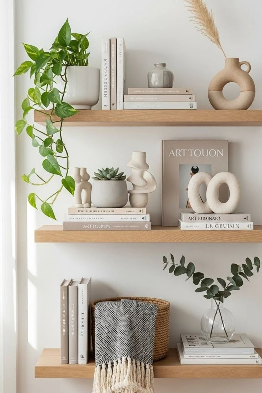 floating shelves with sculptural decor