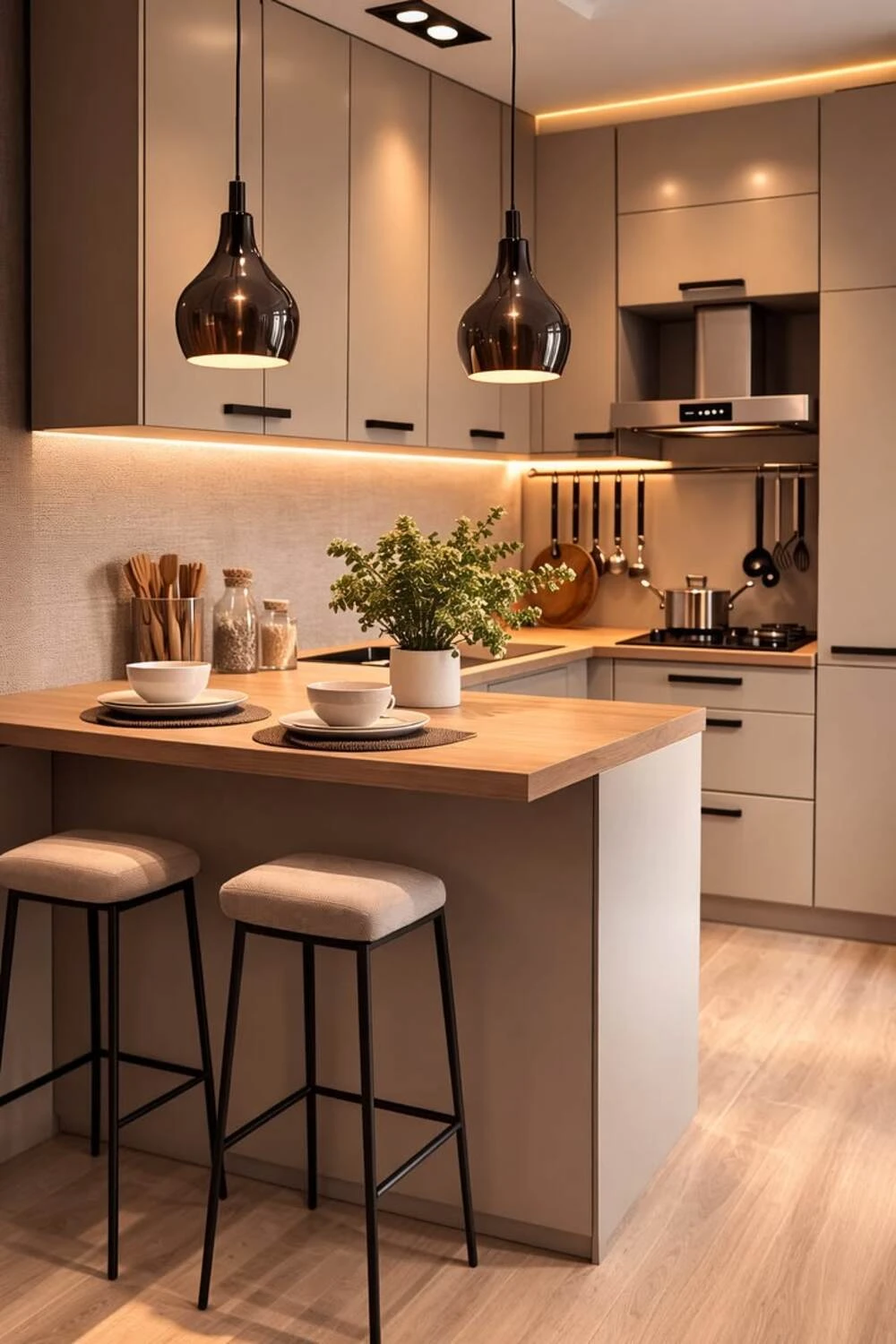 a small basement kitchen with island and pendant lighting