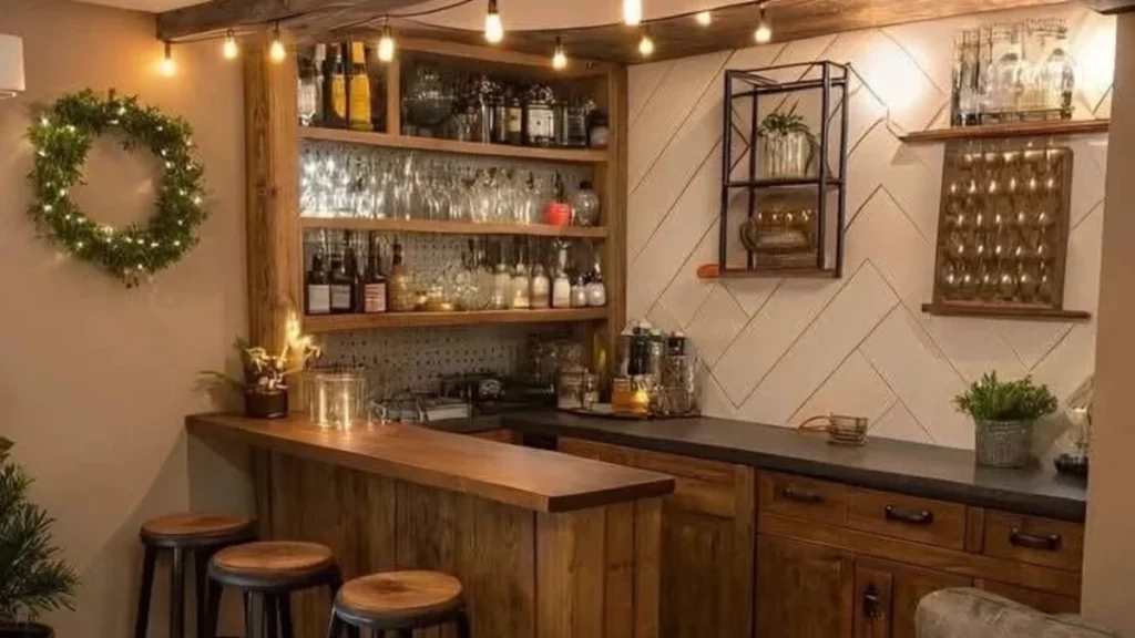 a basement bar using kitchen cabinets