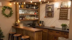 a basement bar using kitchen cabinets