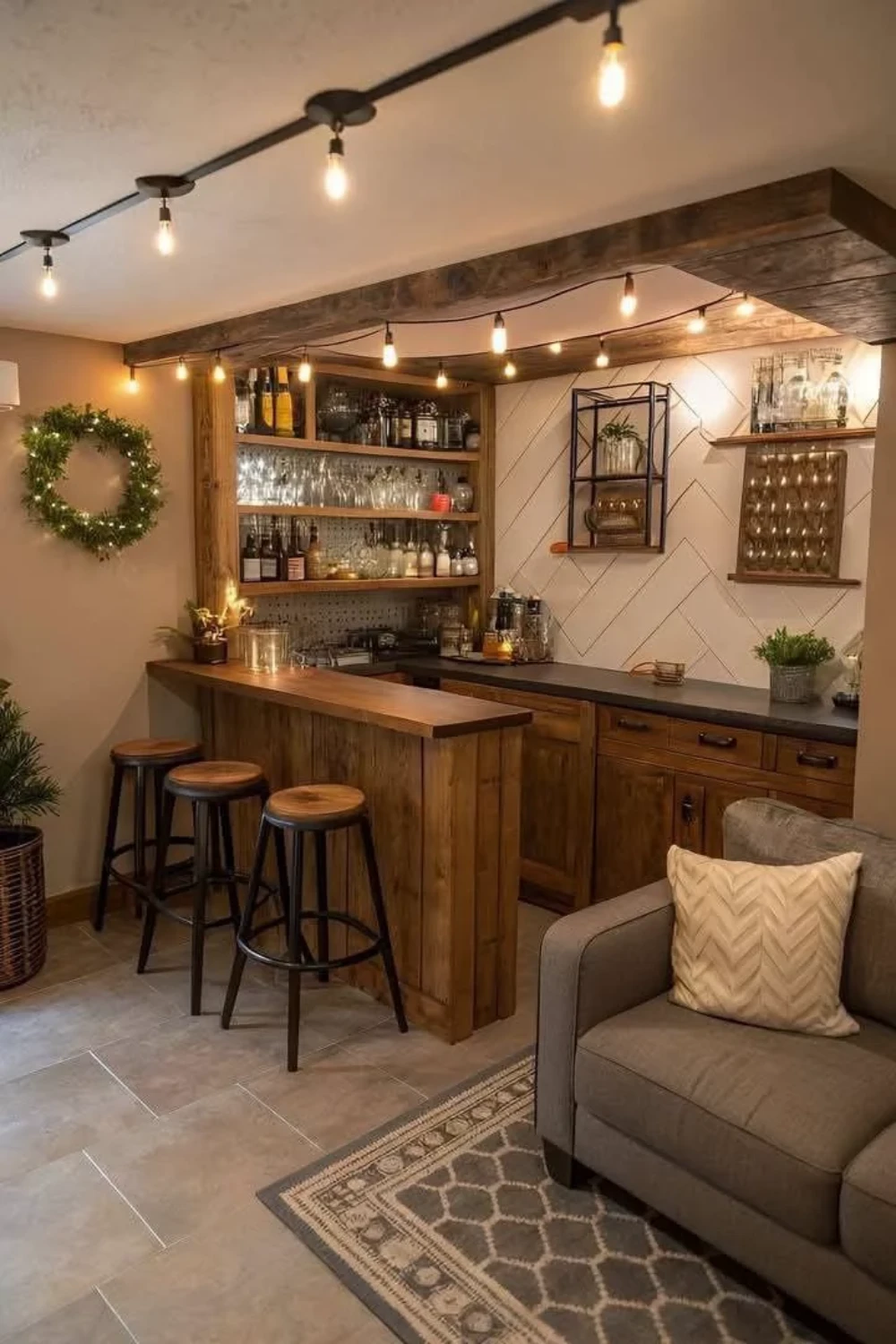 a basement bar using kitchen cabinets