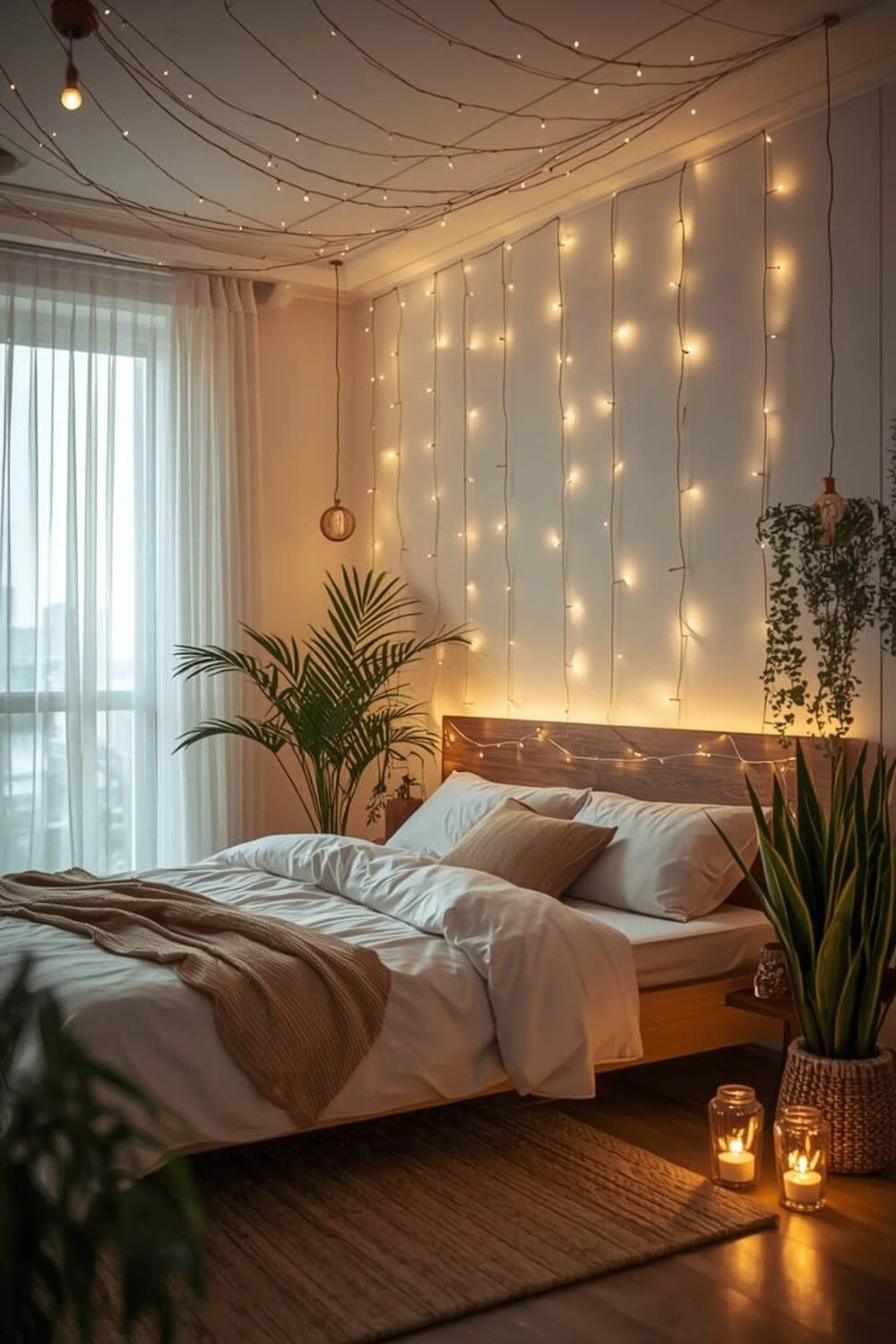 bedroom accent wall with string lights