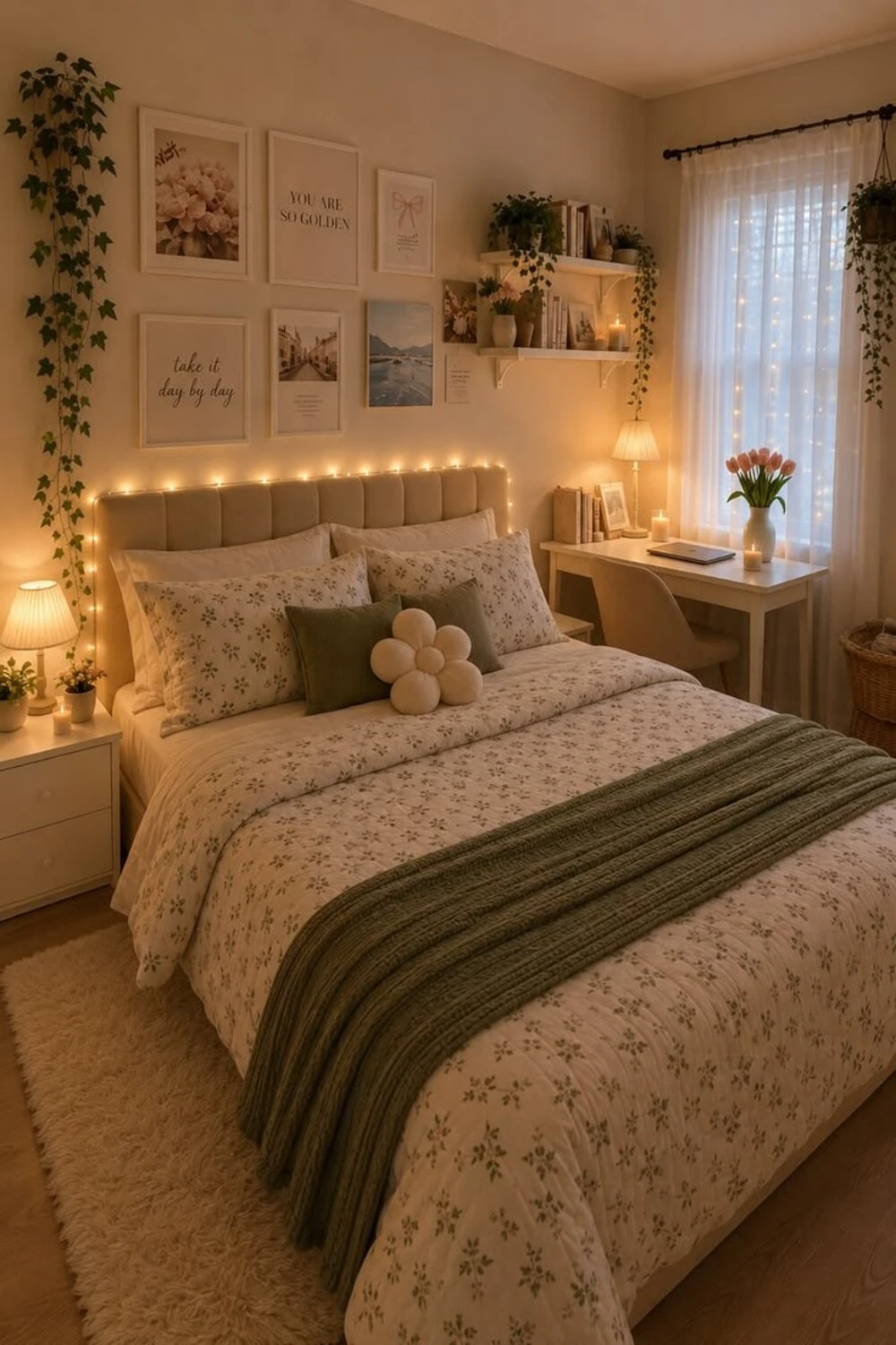 bedroom headboard with string lights