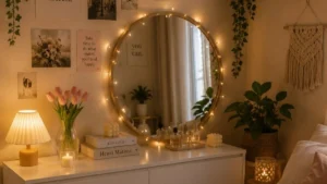 bedroom vanity area with string lights