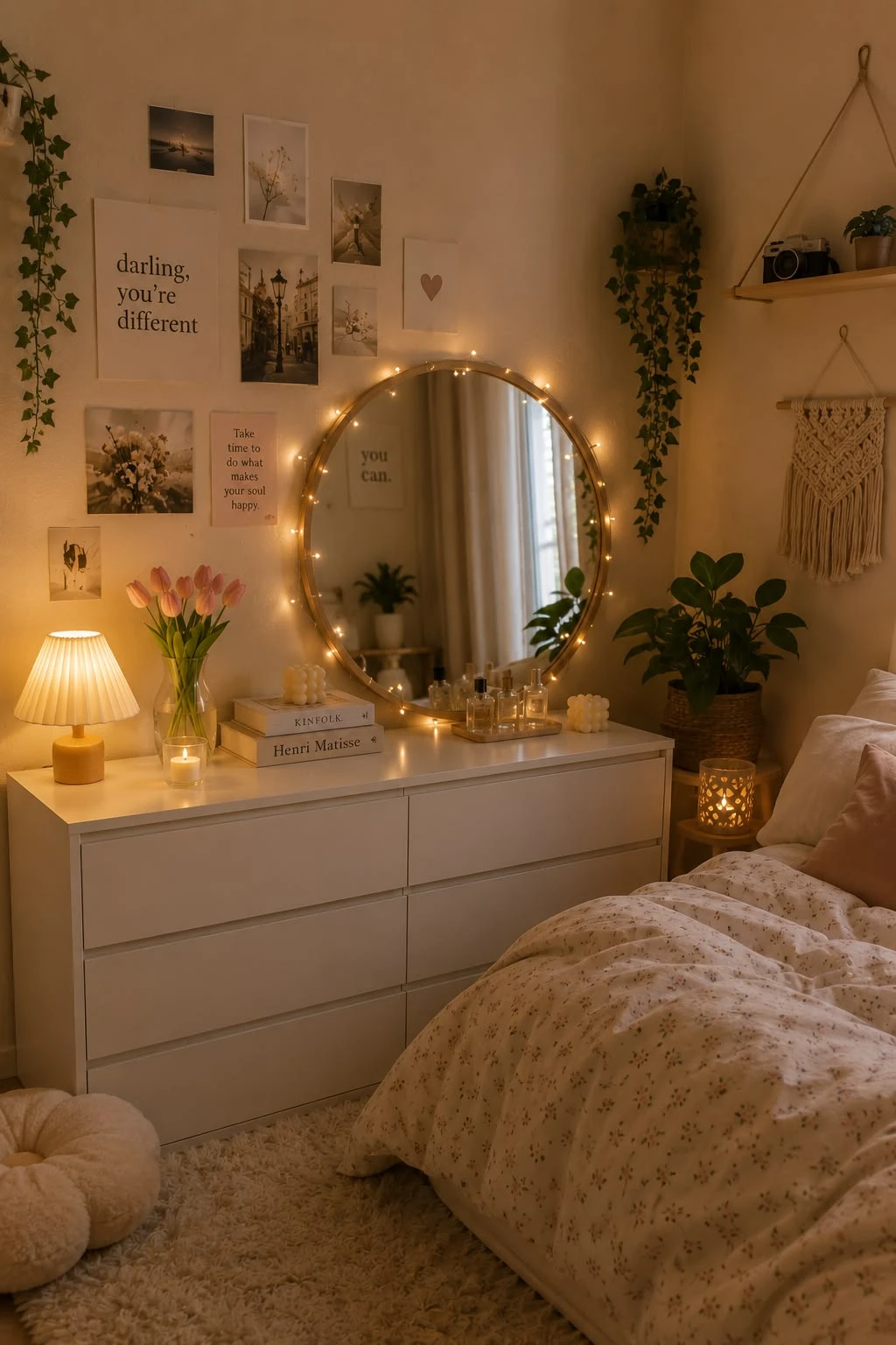 bedroom vanity area with string lights