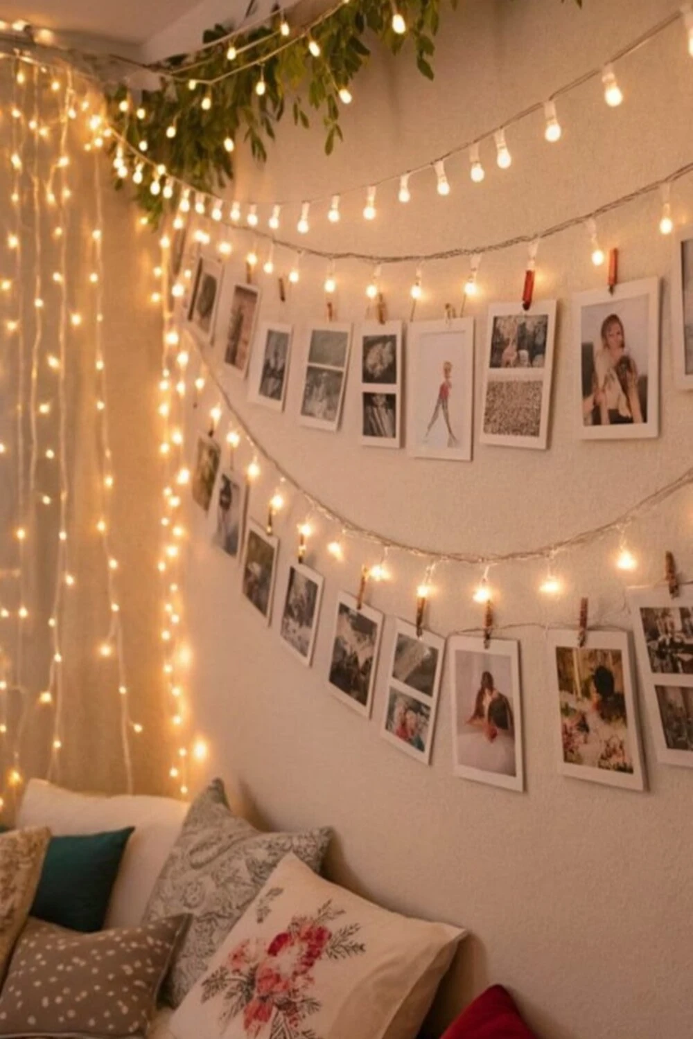 bedroom wall with photos string lights