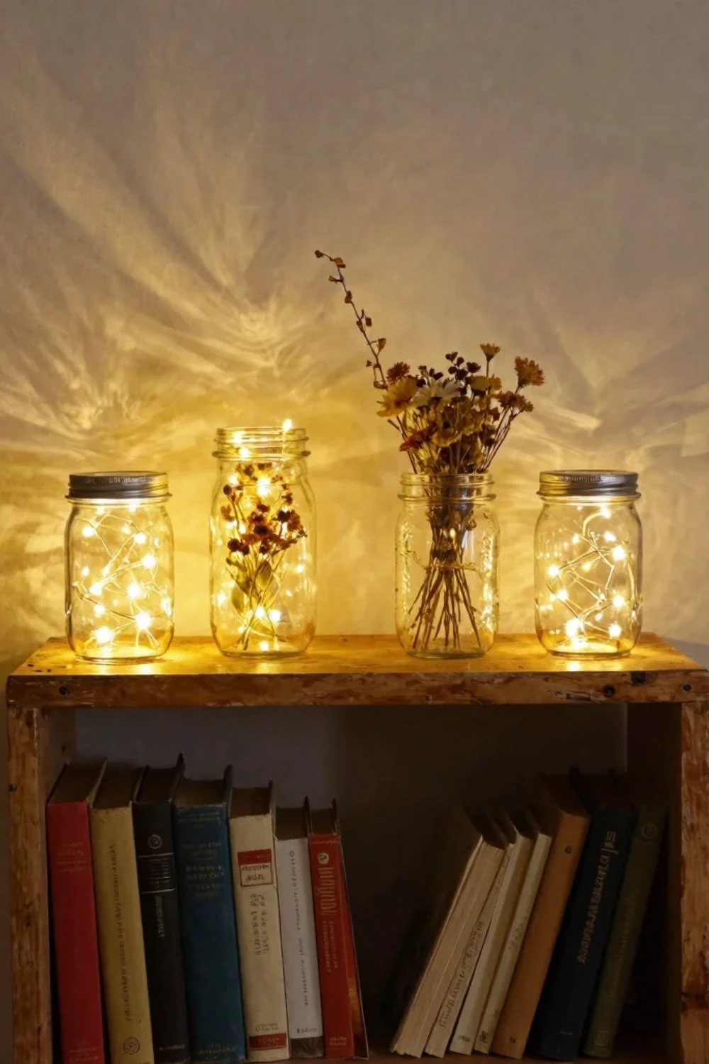 bedroom with string lights in glass jars