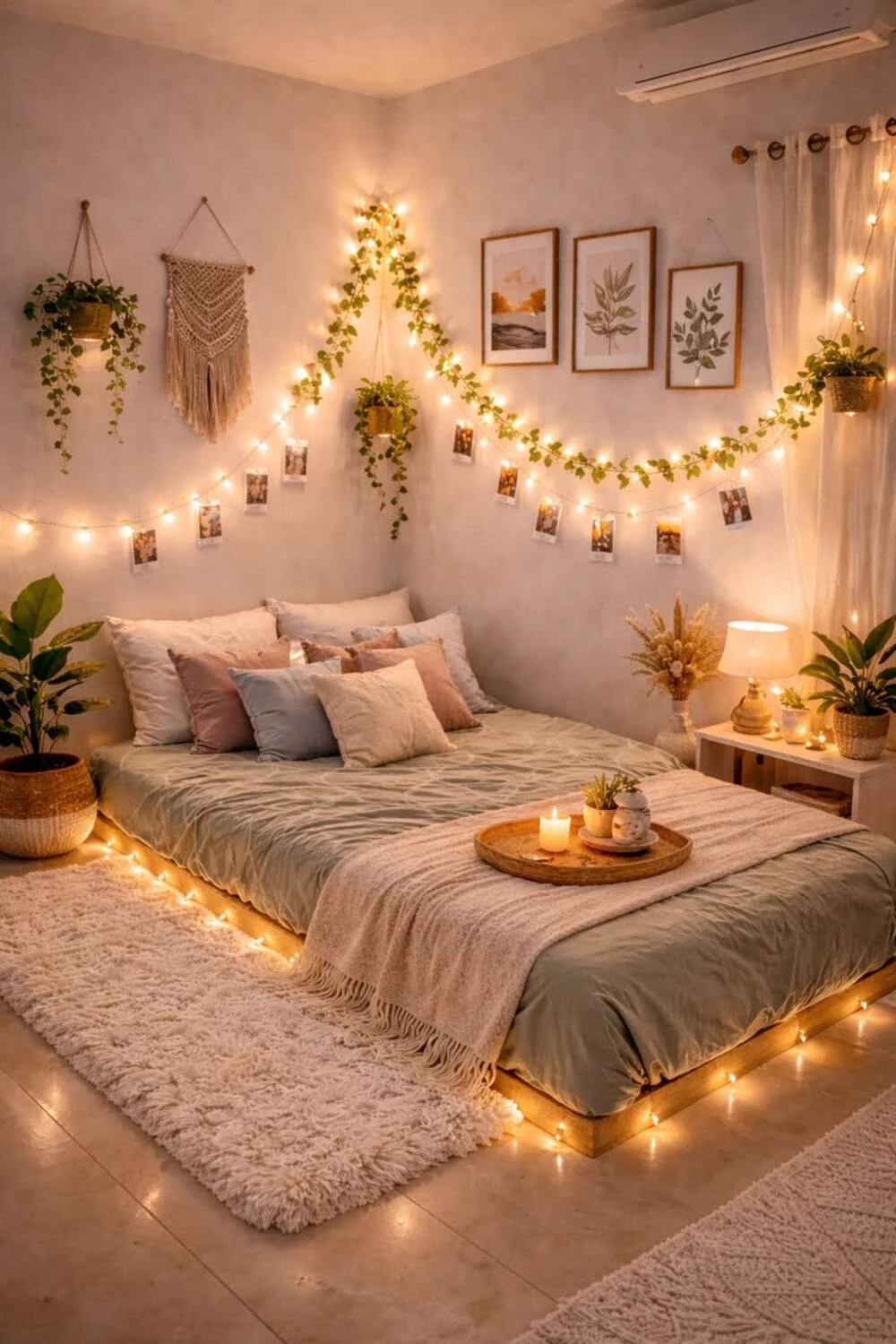 bedroom with string lights under bed frame