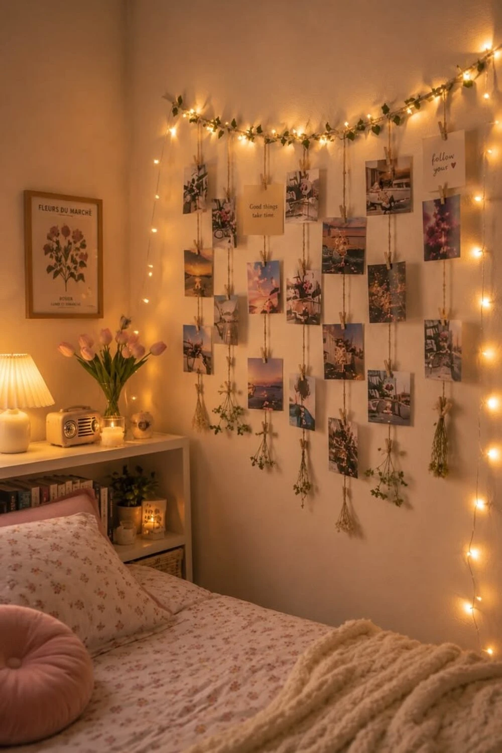 15 Bedroom Decor Ideas With Fairy Lights for a Cozy and Dreamy Space 6 display photos with clip-on fairy lights