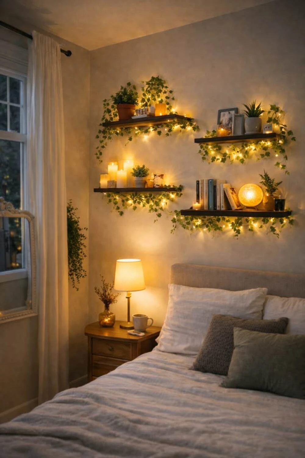 15 Bedroom Decor Ideas With Fairy Lights for a Cozy and Dreamy Space 5 fairy lights around floating shelves