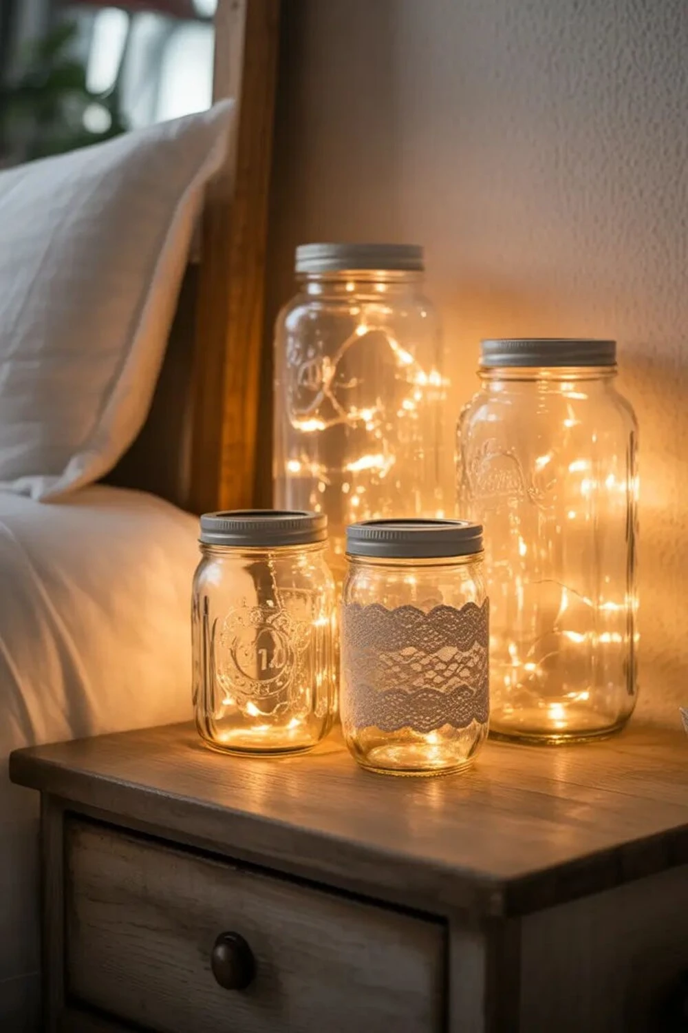 15 Bedroom Decor Ideas With Fairy Lights for a Cozy and Dreamy Space 7 fairy lights inside glass jars
