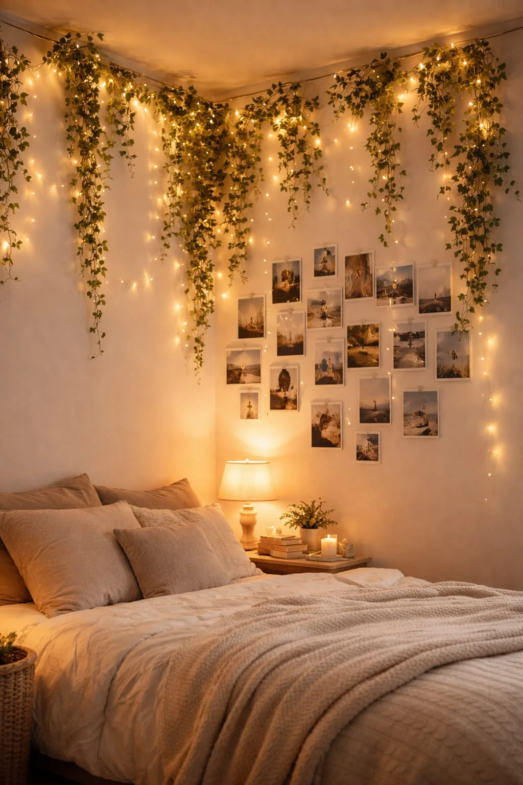 15 Bedroom Decor Ideas With Fairy Lights for a Cozy and Dreamy Space 15 fairy lights with faux plants on wall