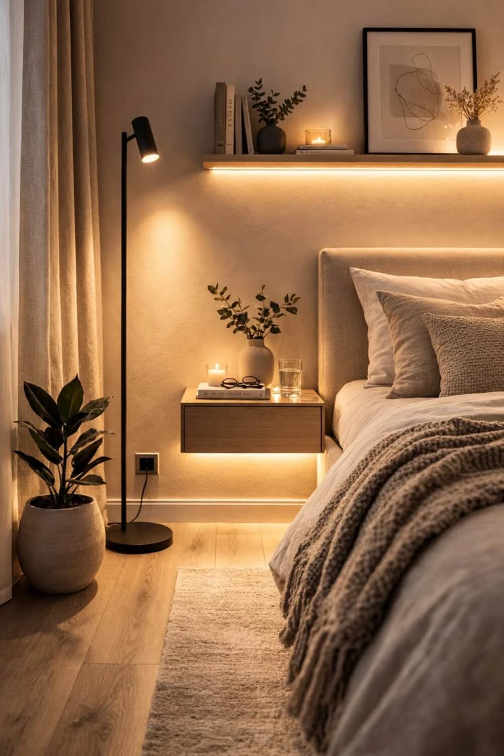 15 Modern Bedroom Lighting Ideas for a Stylish and Cozy Space 12 a modern bedroom with led strip under floating nightstand