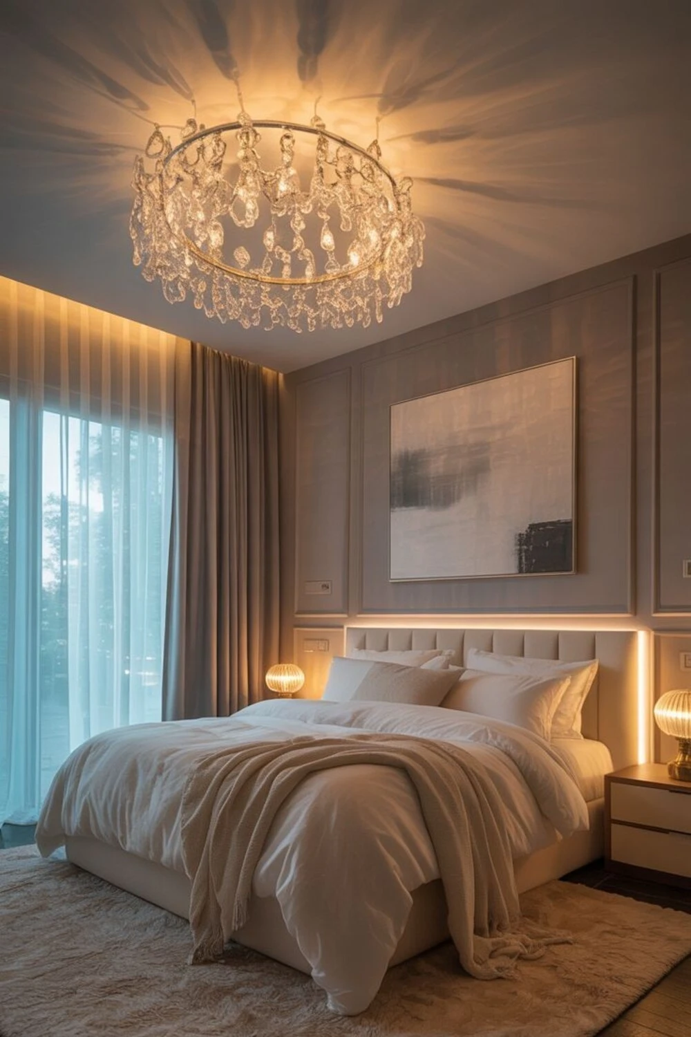 15 Modern Bedroom Lighting Ideas for a Stylish and Cozy Space 3 a modern bedroom with table lamps, led strip and chandelier