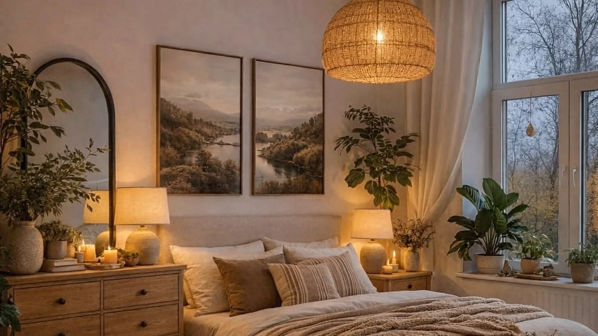 15 Modern Bedroom Lighting Ideas for a Stylish and Cozy Space 1 a modern bedroom with rattan fixture