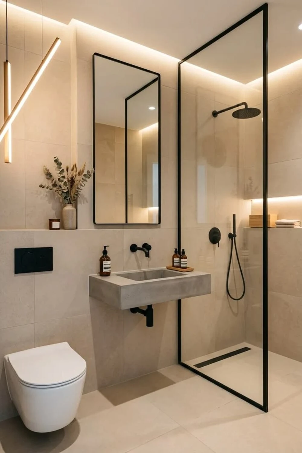How to Design a Small Bathroom Shower: 12 Space-Saving Ideas 11 a small bathroom with black frame glass door