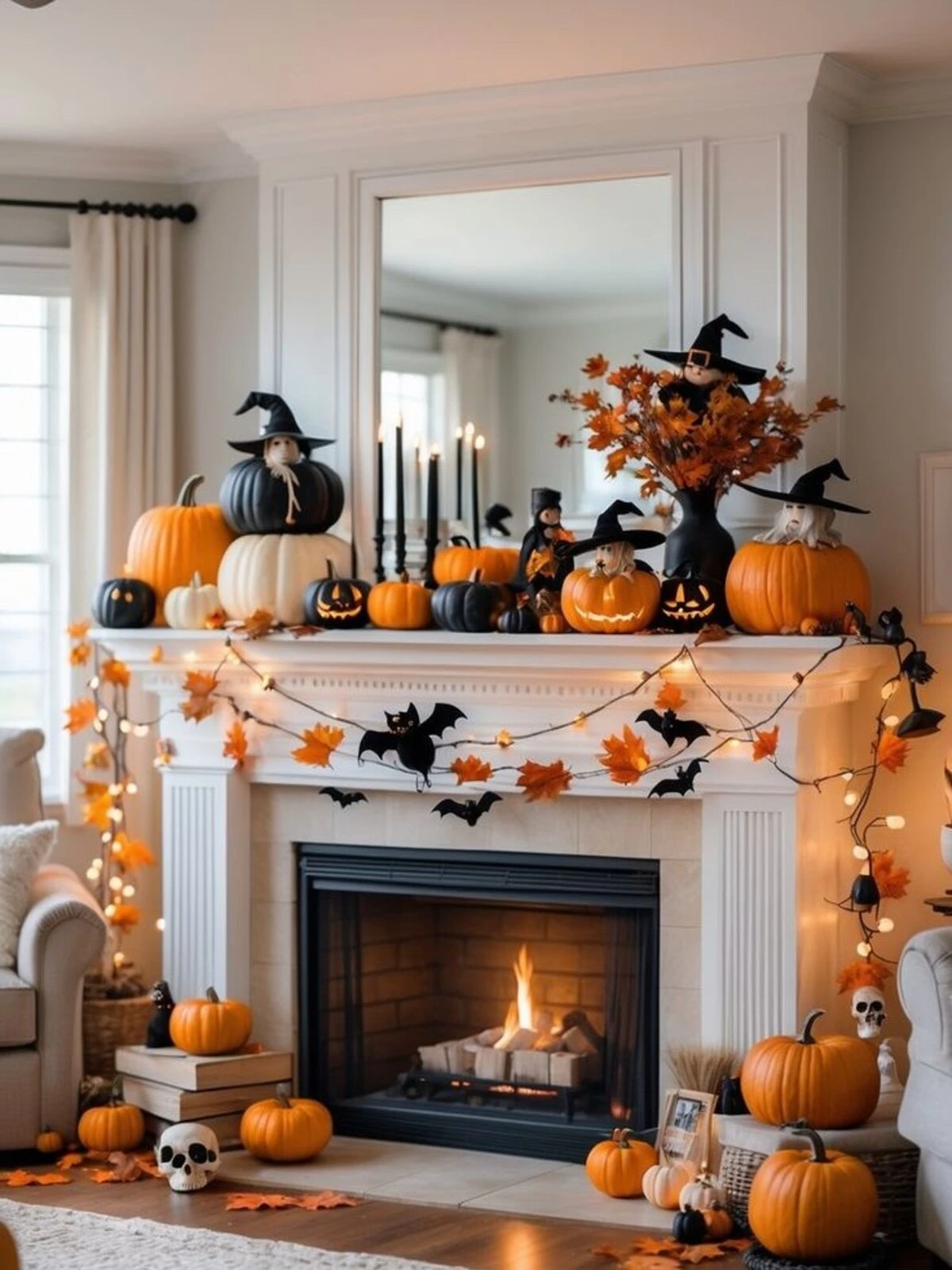 black and neutral pumpkins around mantal
