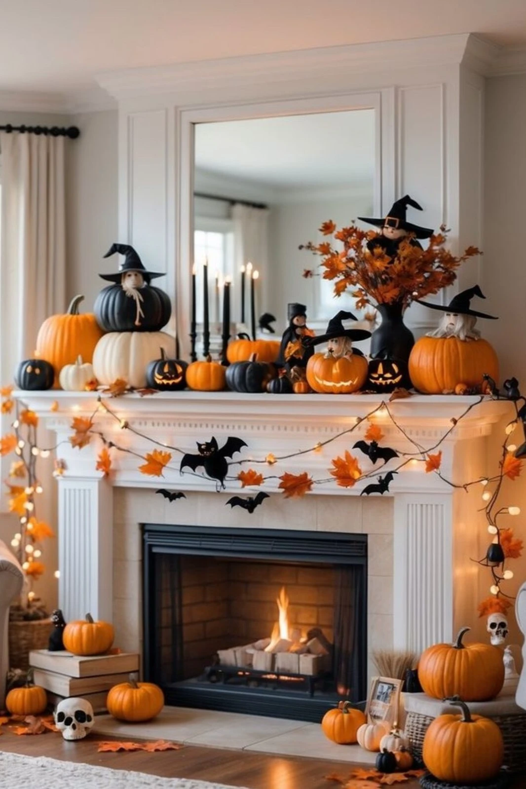 black and neutral pumpkins around mantel