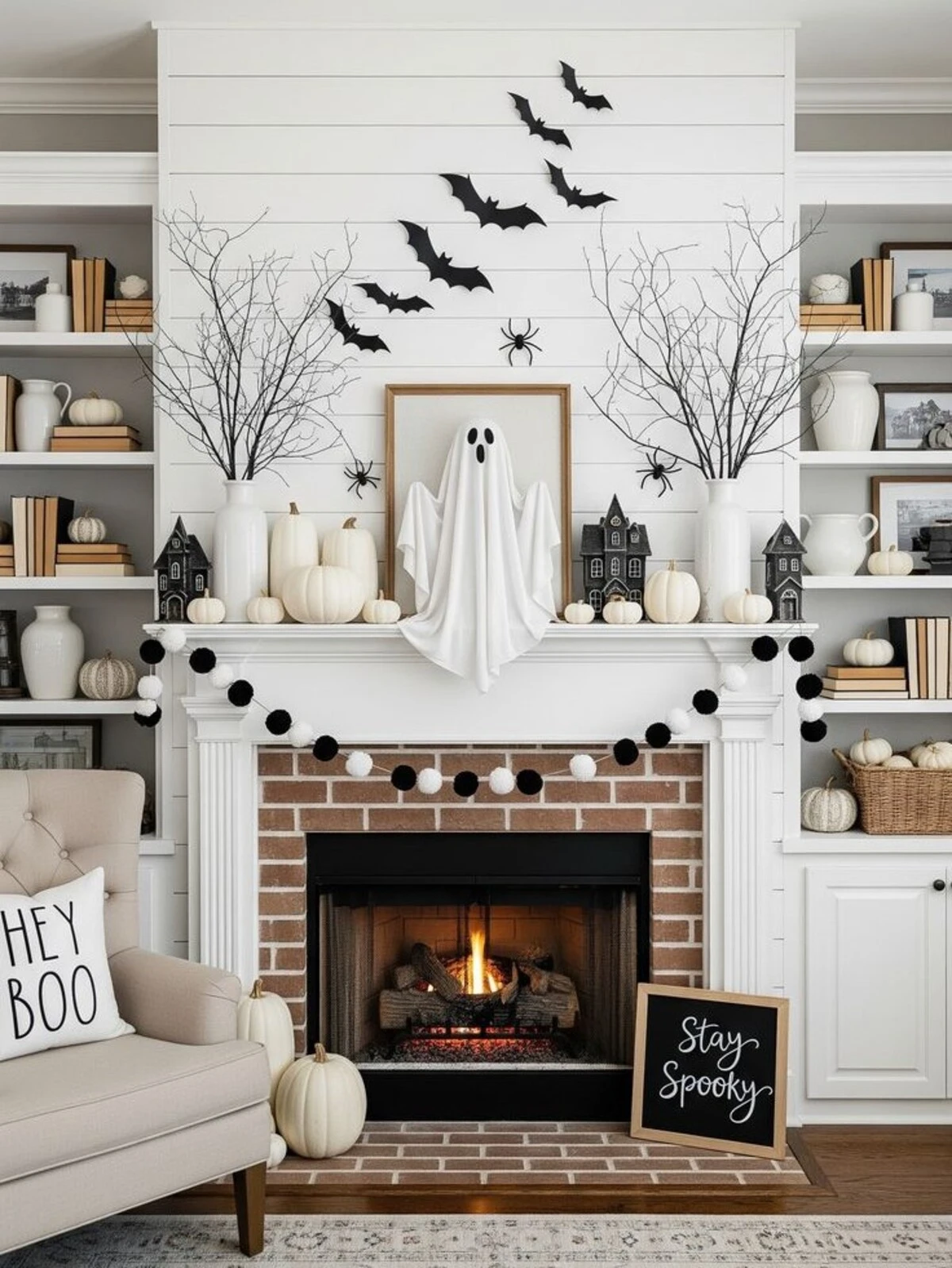 a mantal with black and white halloween decor