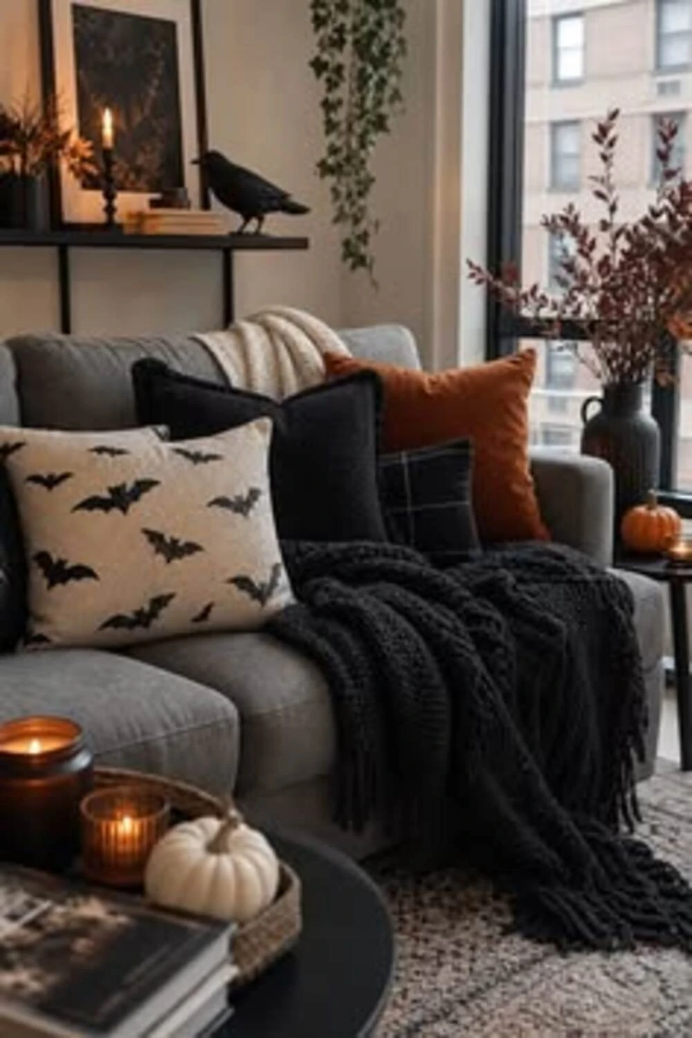 black pillows and blanket on sofa