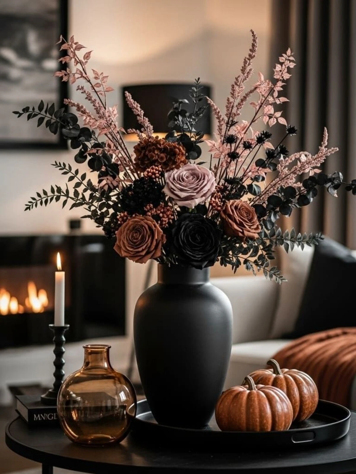 dark floral arrangement on coffee table