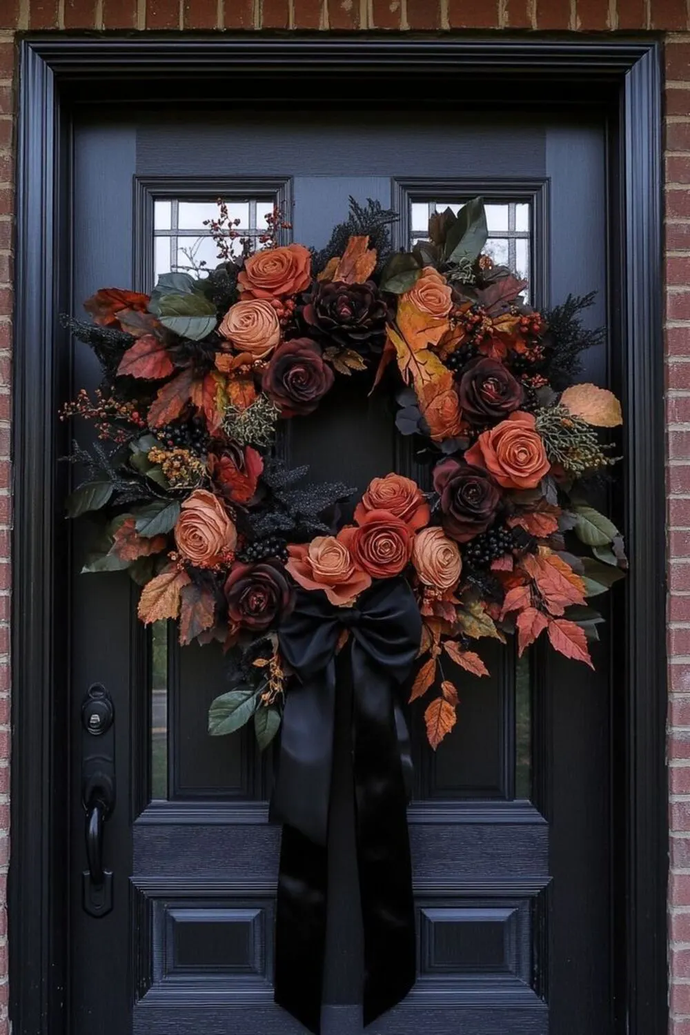 black front door with a black orange wreath
