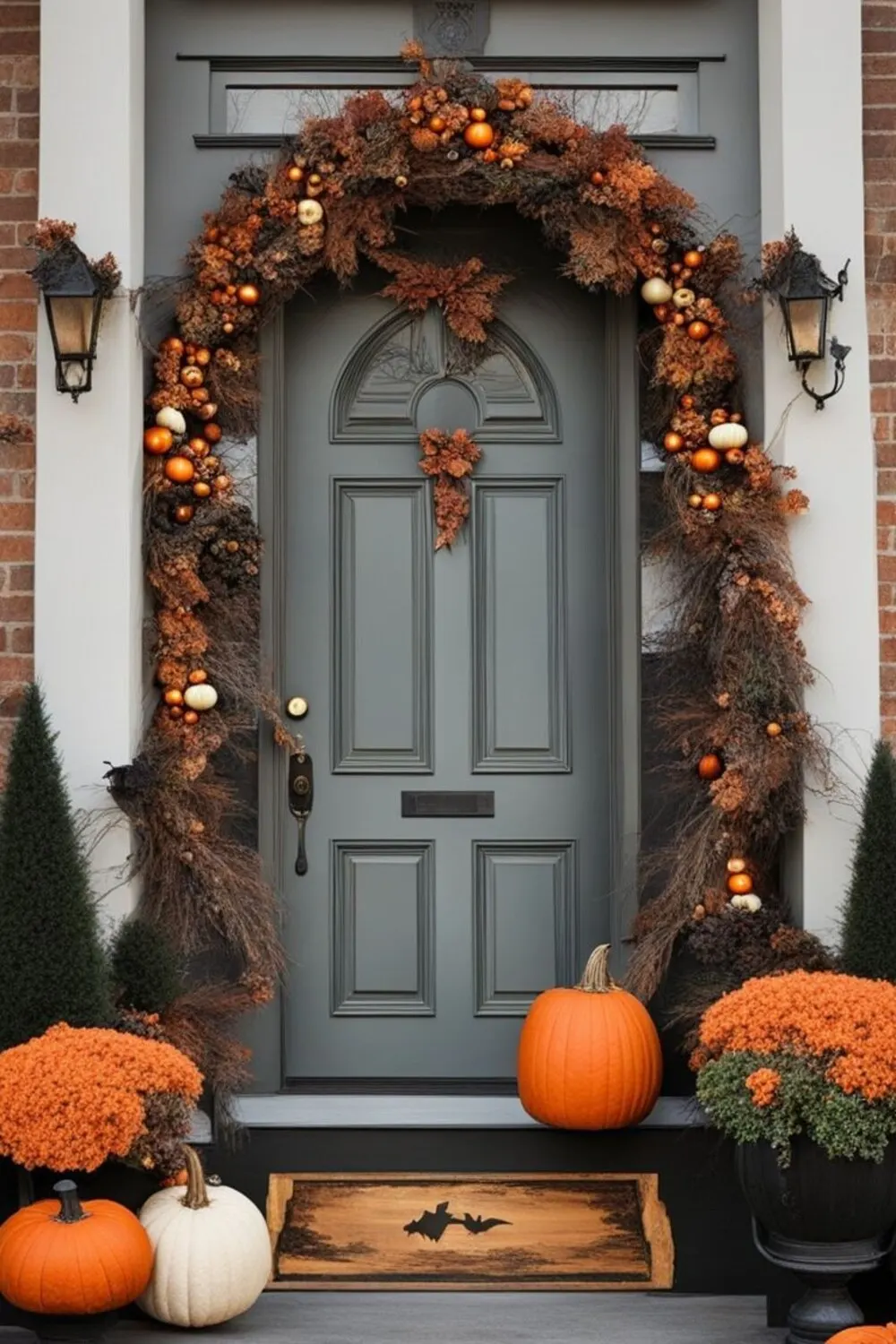 grey front door with dry branches as door frame