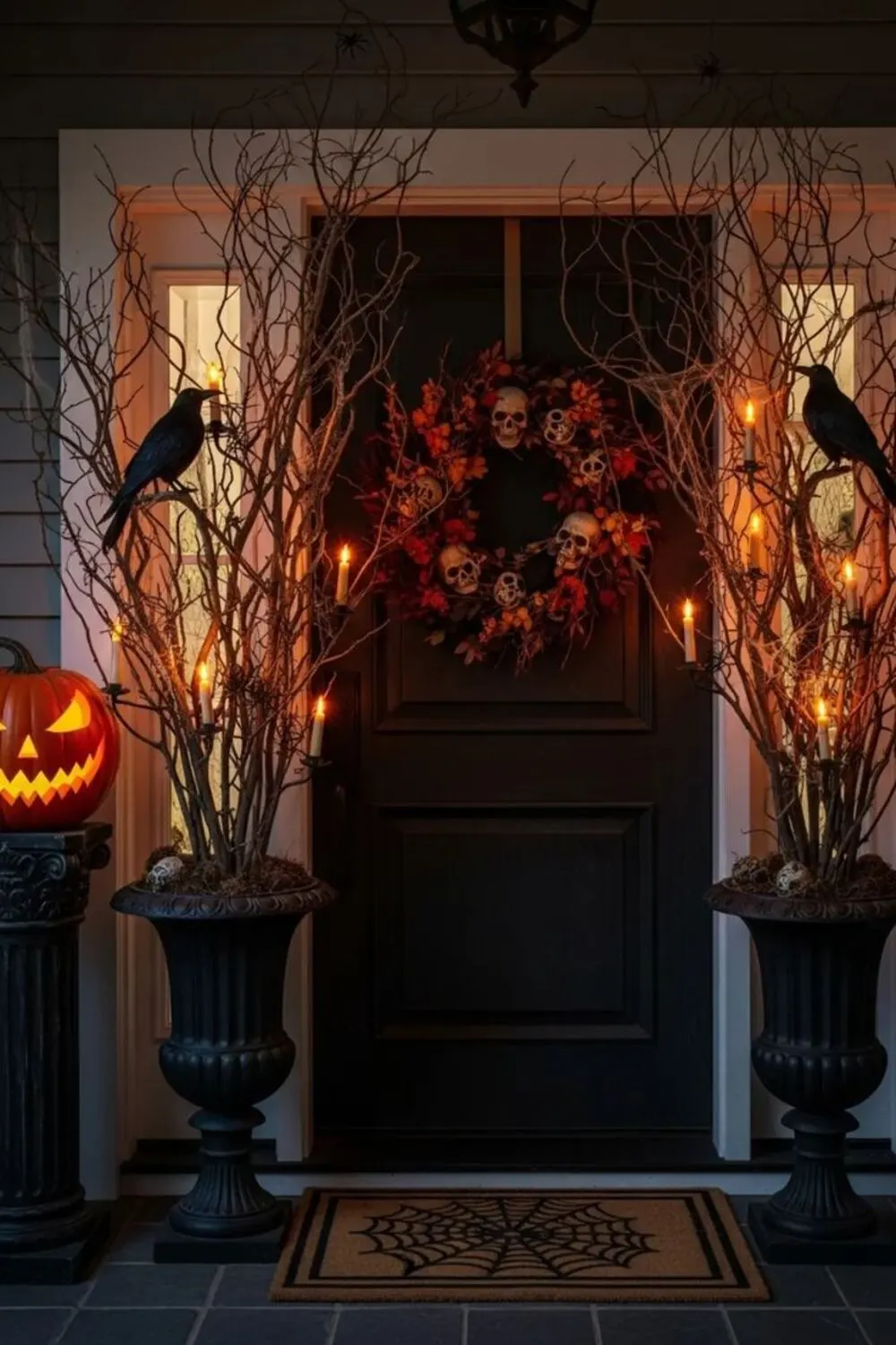 front door with dry branches in containers