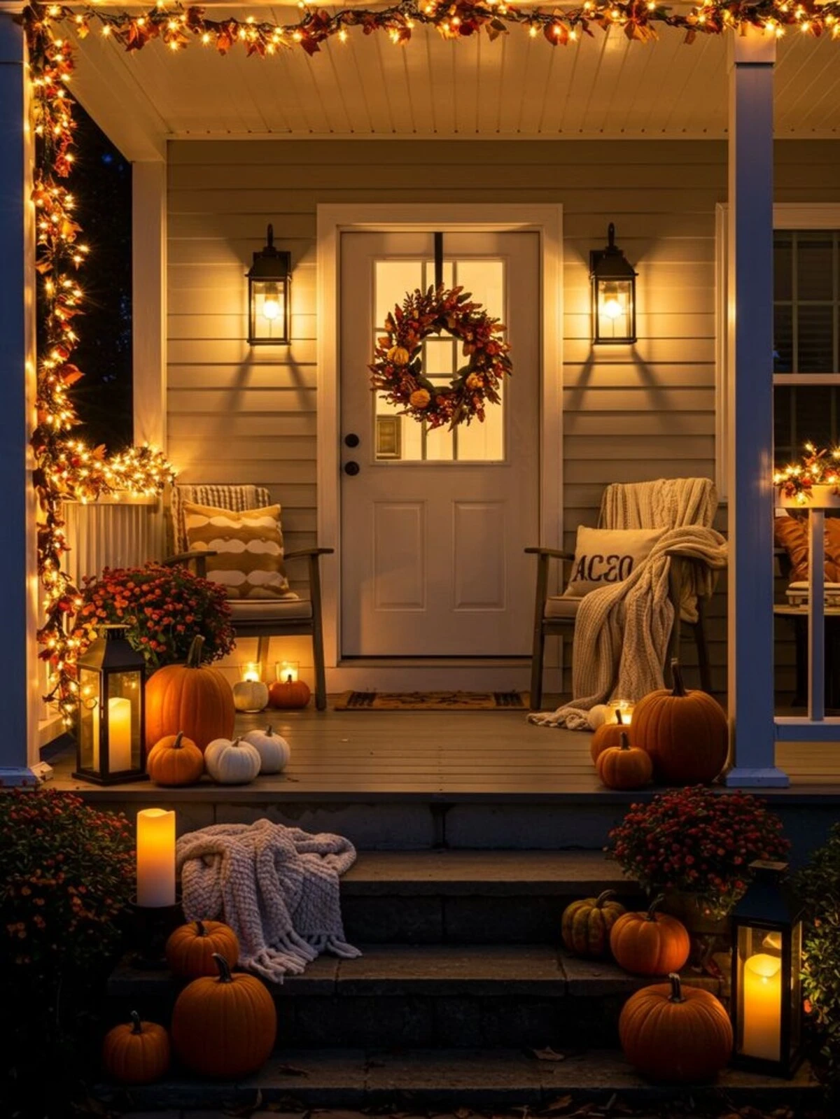 front door with pumpkins and lanterns