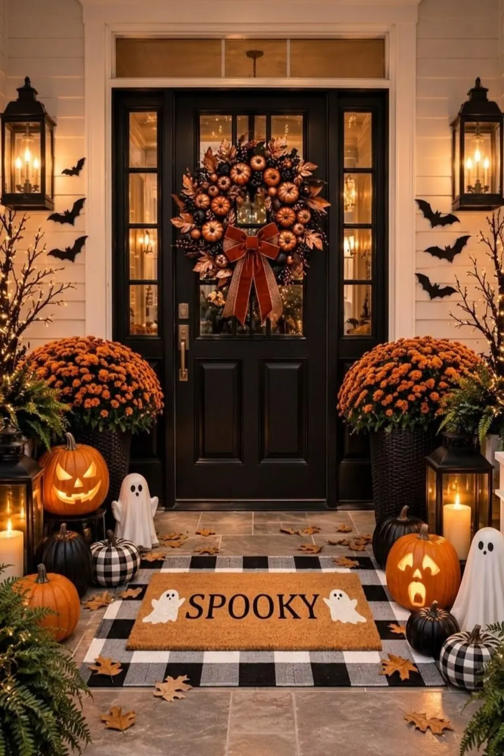 front door with spooky doormat