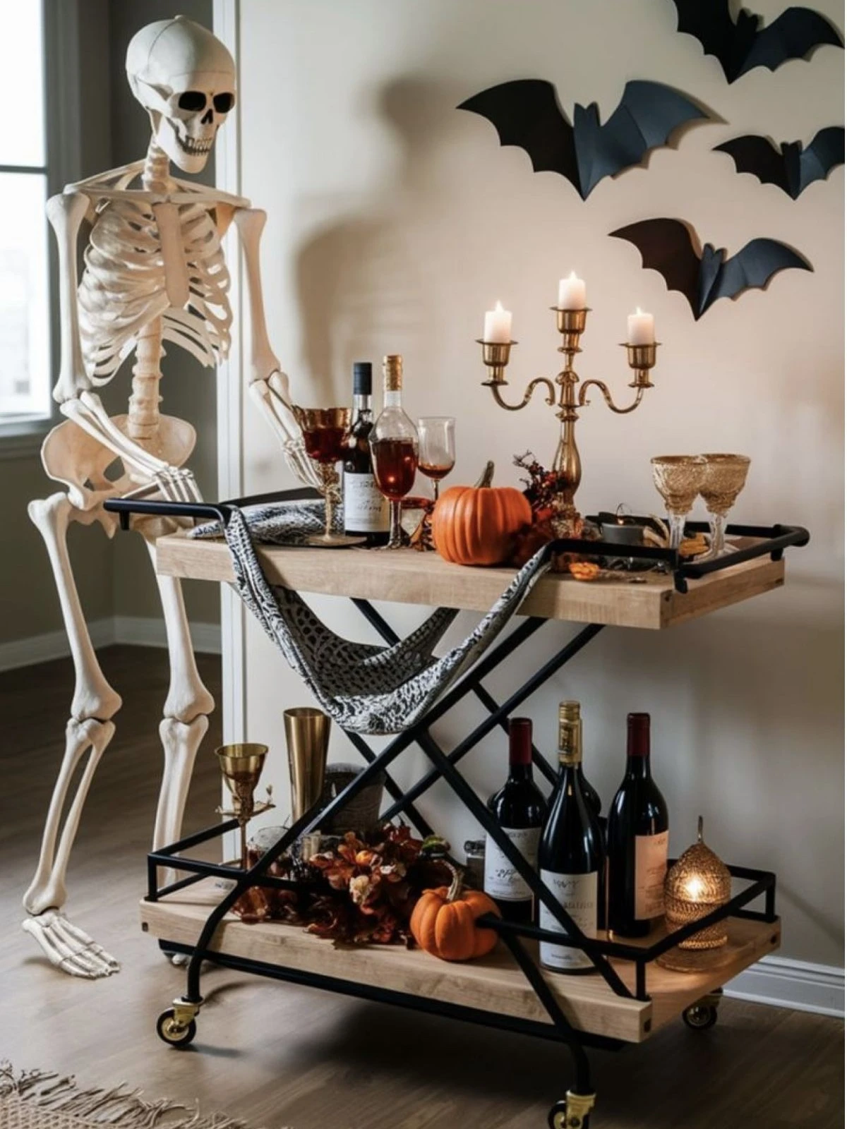 halloween bar cart with wines