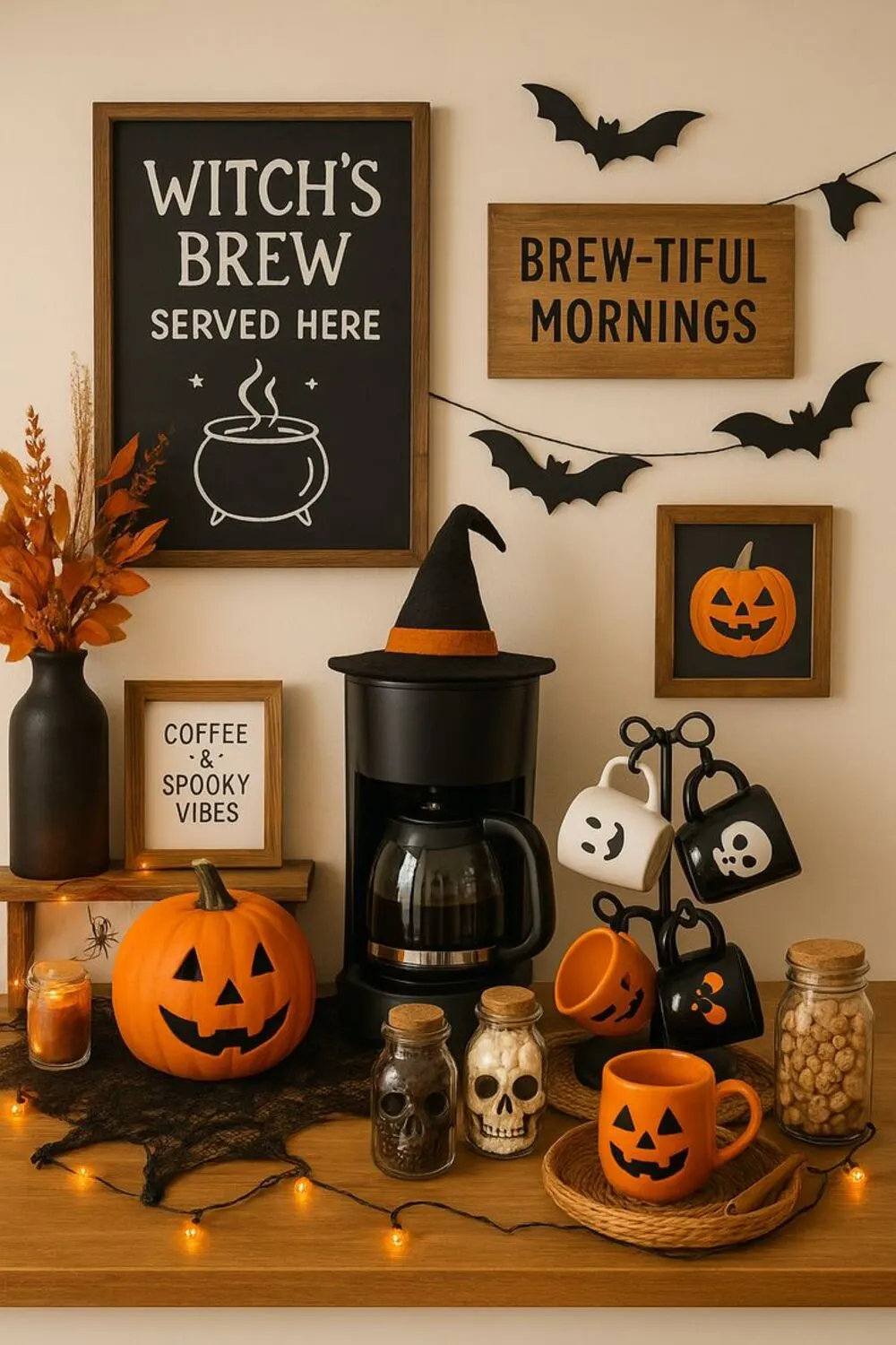 halloween coffee station decor with led light and pumpkin