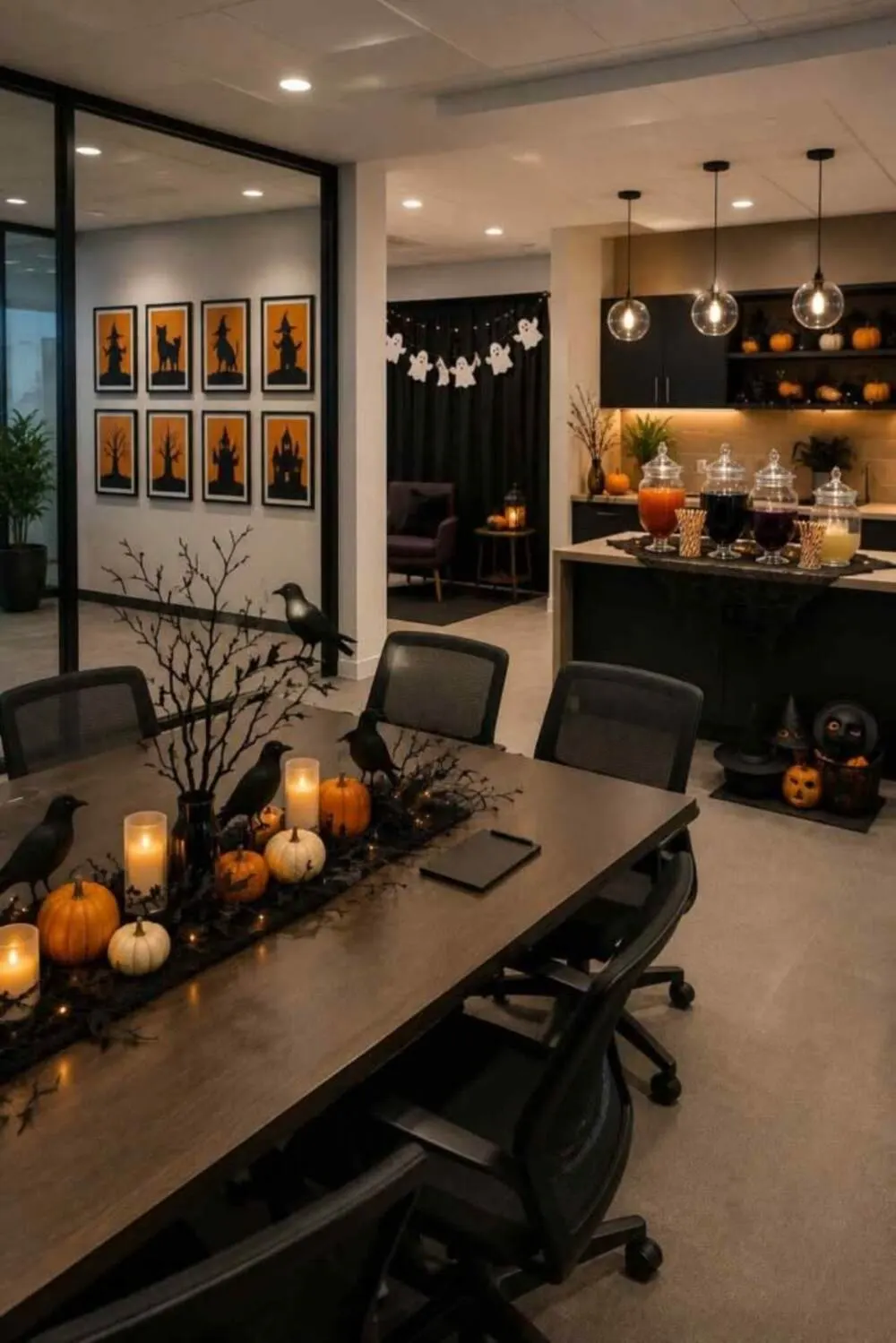 halloween office meeting room with candles and mini pumpkins