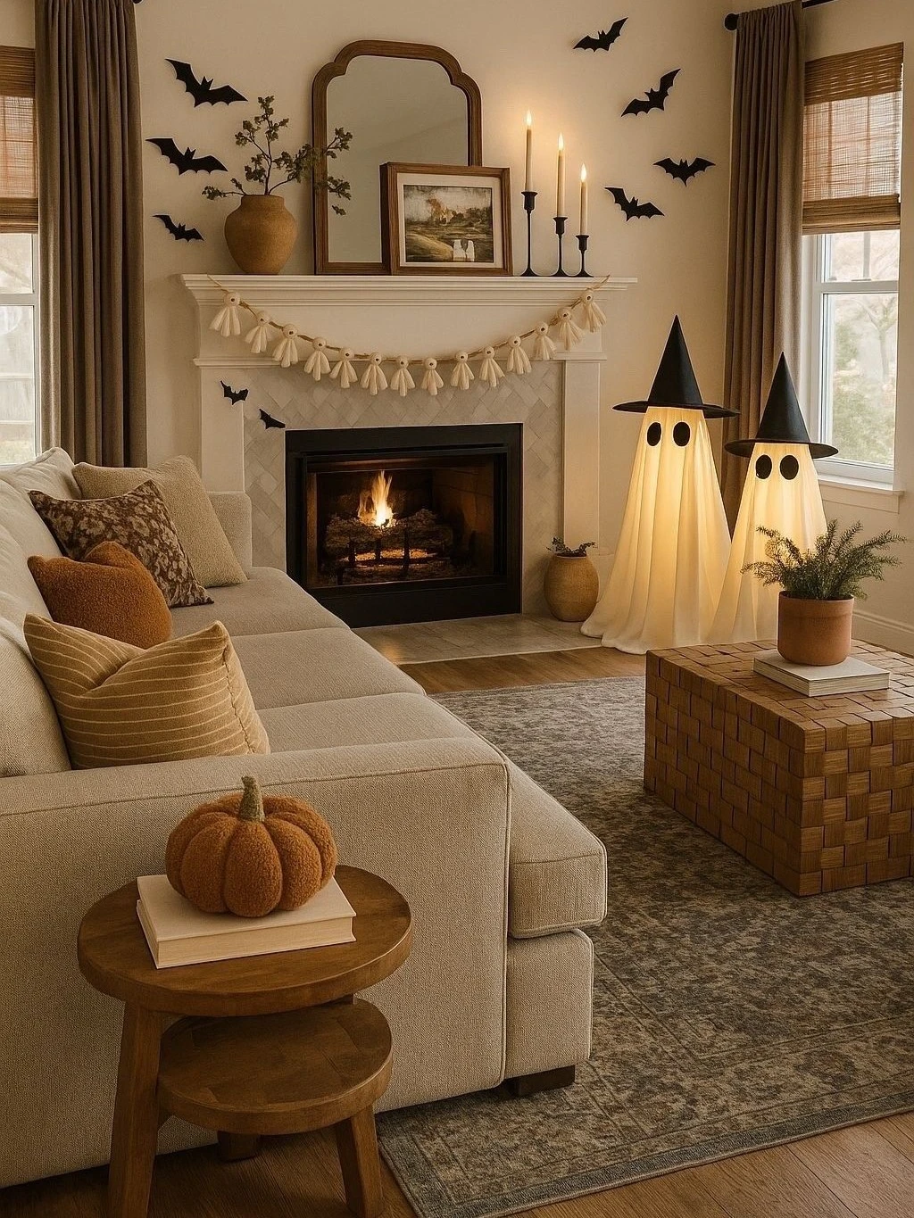 a living room with simple halloween decor
