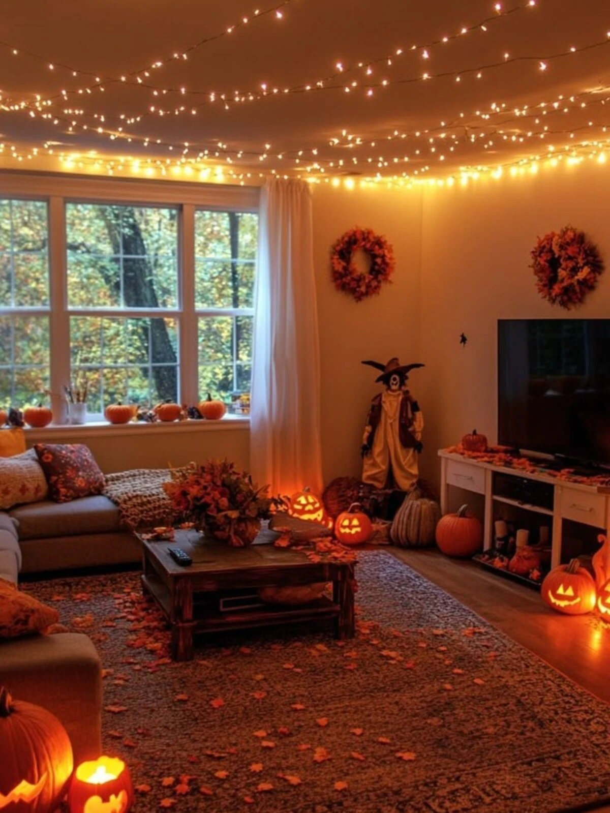 a halloween living room with layered lighting