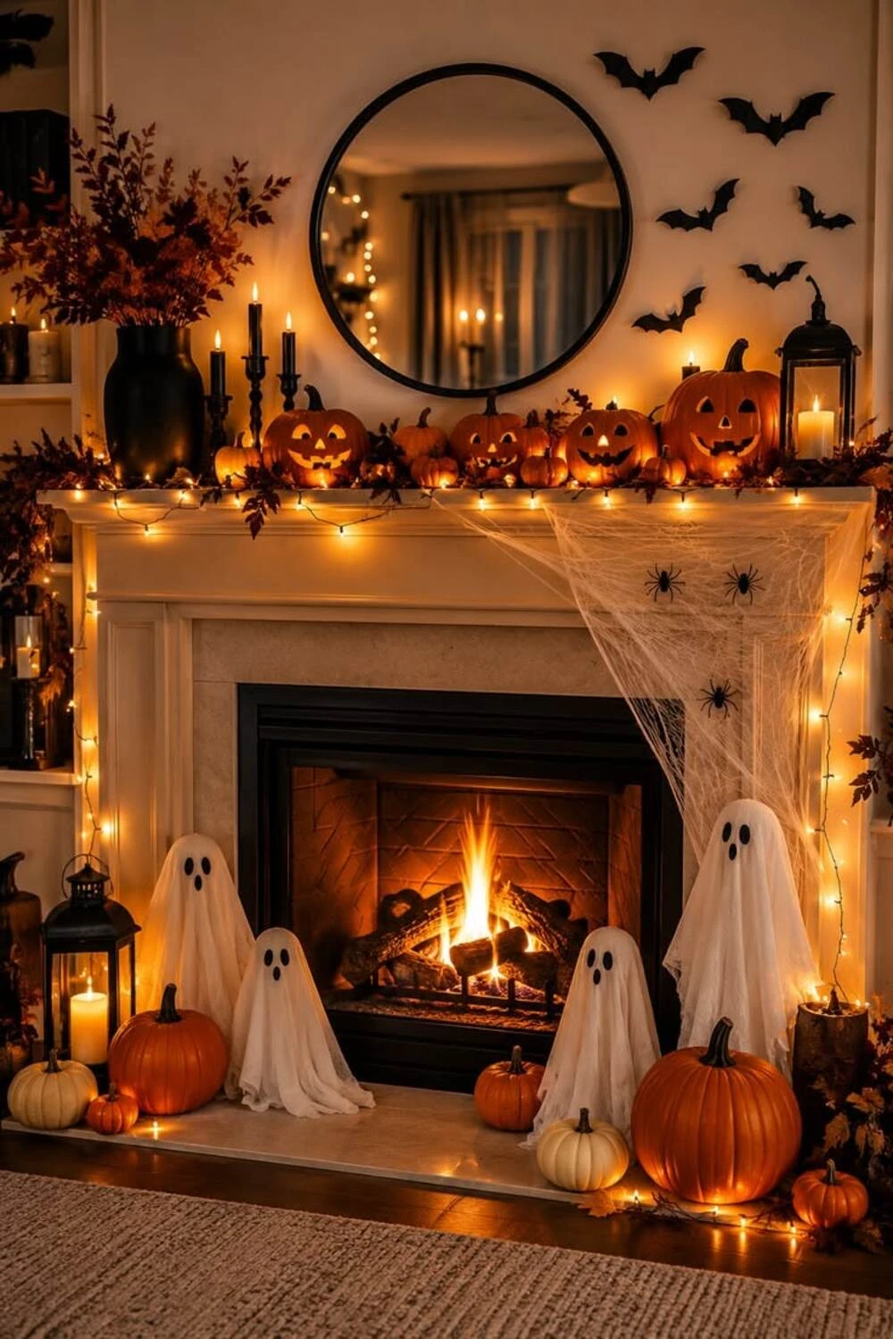 mantel with bats on wall