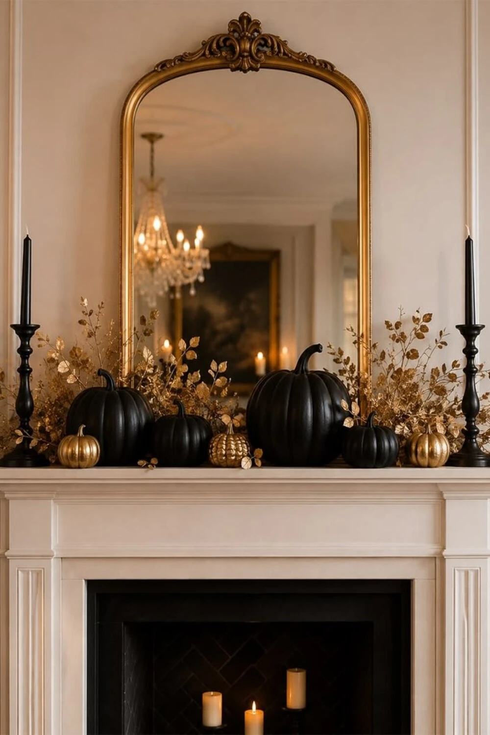 mantel with black candlesticks