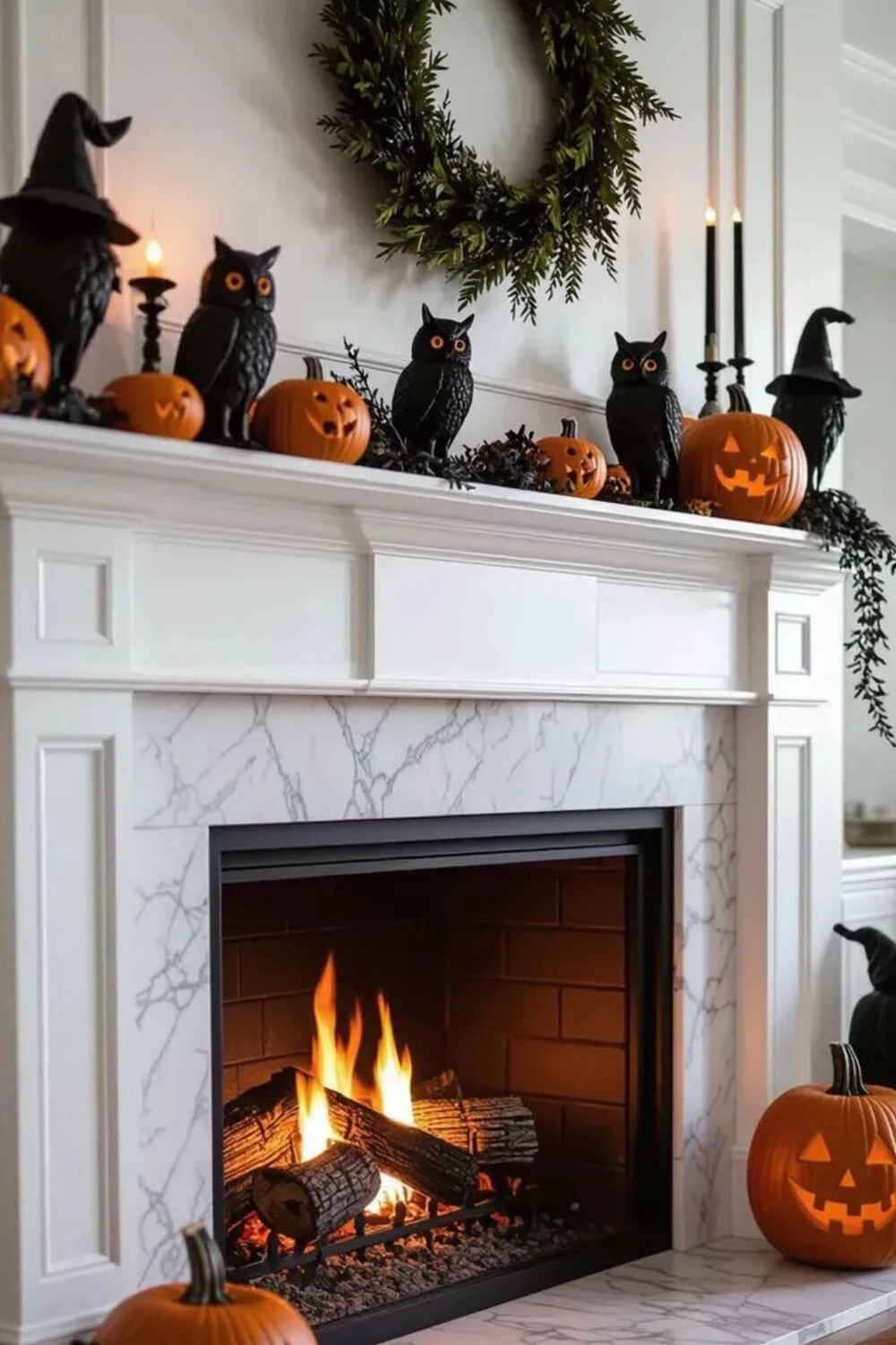 mantel with dark garland above