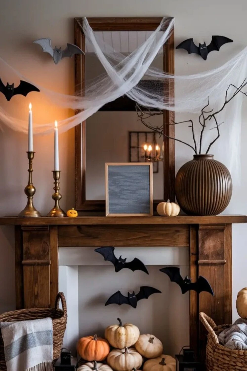 mantel with faux cobwebs