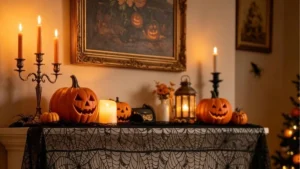 mantel with halloween art above